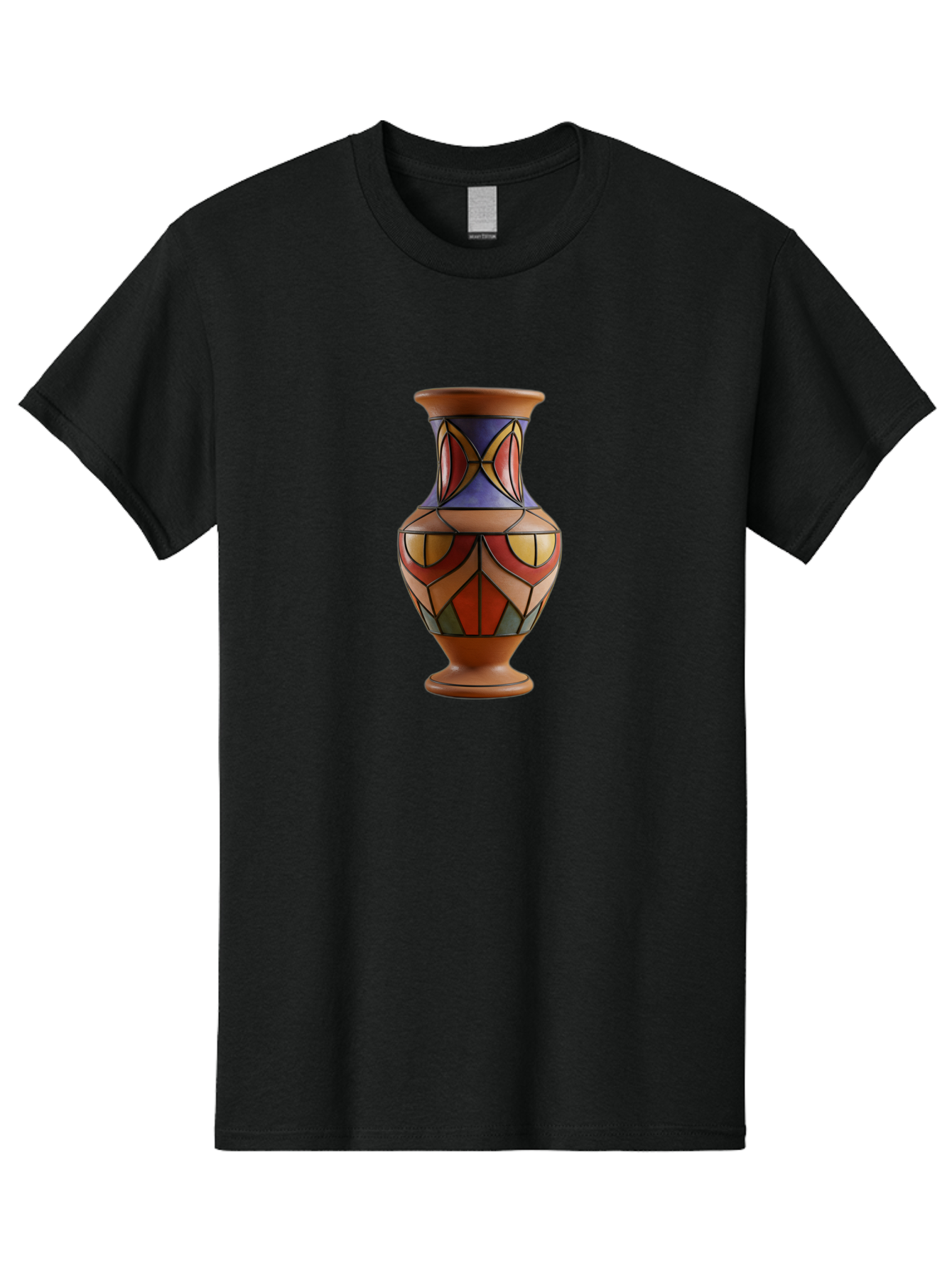 Colorful-Decorative-Vase Men'S Graphic Tee, 100% Cotton, Comfortable Casual Summer Wear, Machine Washable, Hand-Painted Vase, Ceramic Art, Geometric Shapes, Red, Blue, Yellow, Orange, Black, Earthy Tones, Interior Decor, Bohemian Style, Baa386