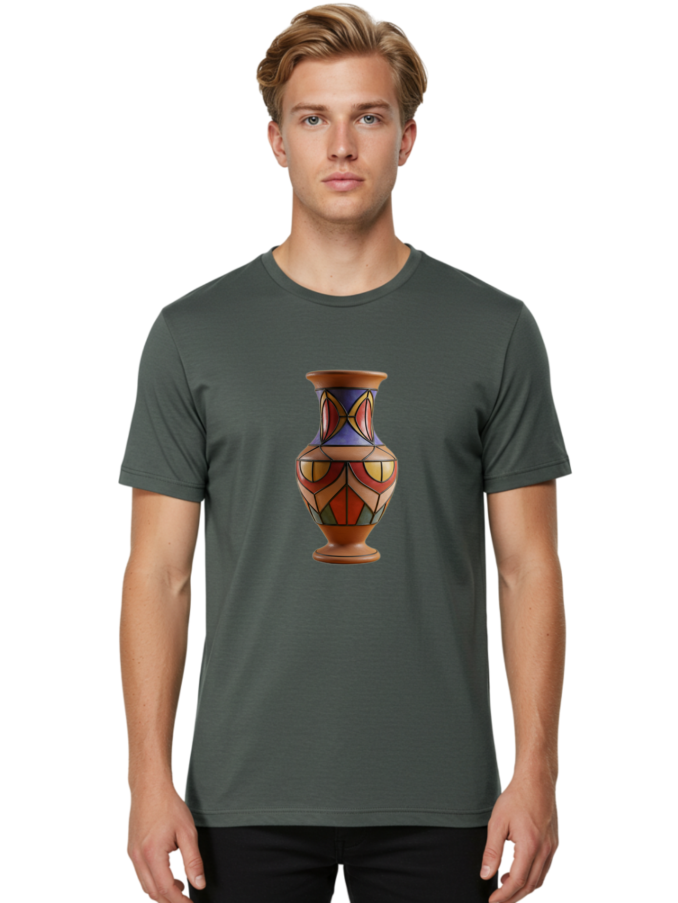 Colorful-Decorative-Vase Men'S Graphic Tee, 100% Cotton, Comfortable Casual Summer Wear, Machine Washable, Hand-Painted Vase, Ceramic Art, Geometric Shapes, Red, Blue, Yellow, Orange, Black, Earthy Tones, Interior Decor, Bohemian Style, Baa386