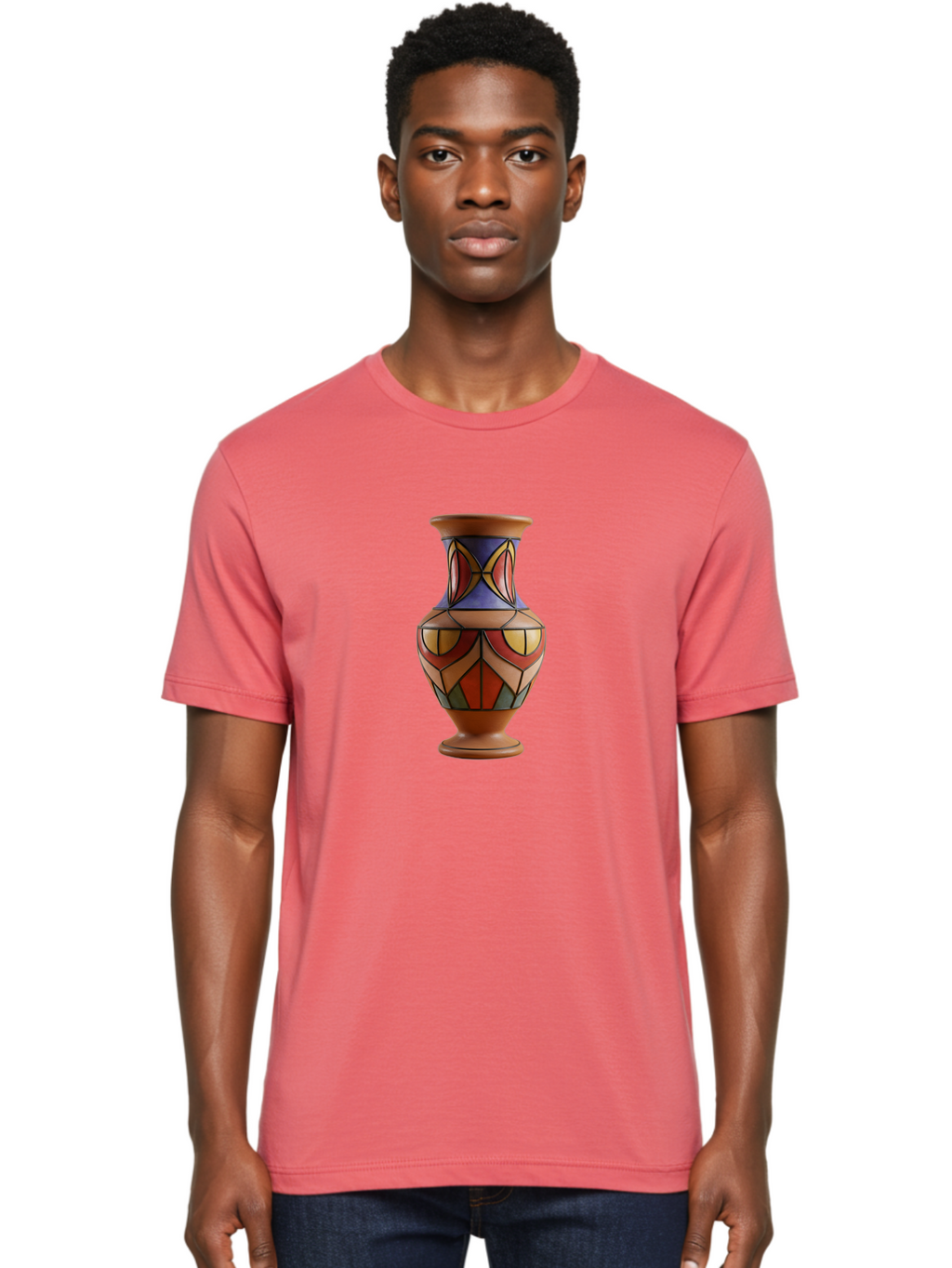 Colorful-Decorative-Vase Men'S Graphic Tee, 100% Cotton, Comfortable Casual Summer Wear, Machine Washable, Hand-Painted Vase, Ceramic Art, Geometric Shapes, Red, Blue, Yellow, Orange, Black, Earthy Tones, Interior Decor, Bohemian Style, Baa386