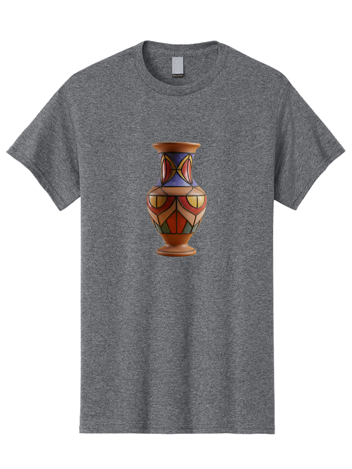 Colorful-Decorative-Vase Men'S Graphic Tee, 100% Cotton, Comfortable Casual Summer Wear, Machine Washable, Hand-Painted Vase, Ceramic Art, Geometric Shapes, Red, Blue, Yellow, Orange, Black, Earthy Tones, Interior Decor, Bohemian Style, Baa386