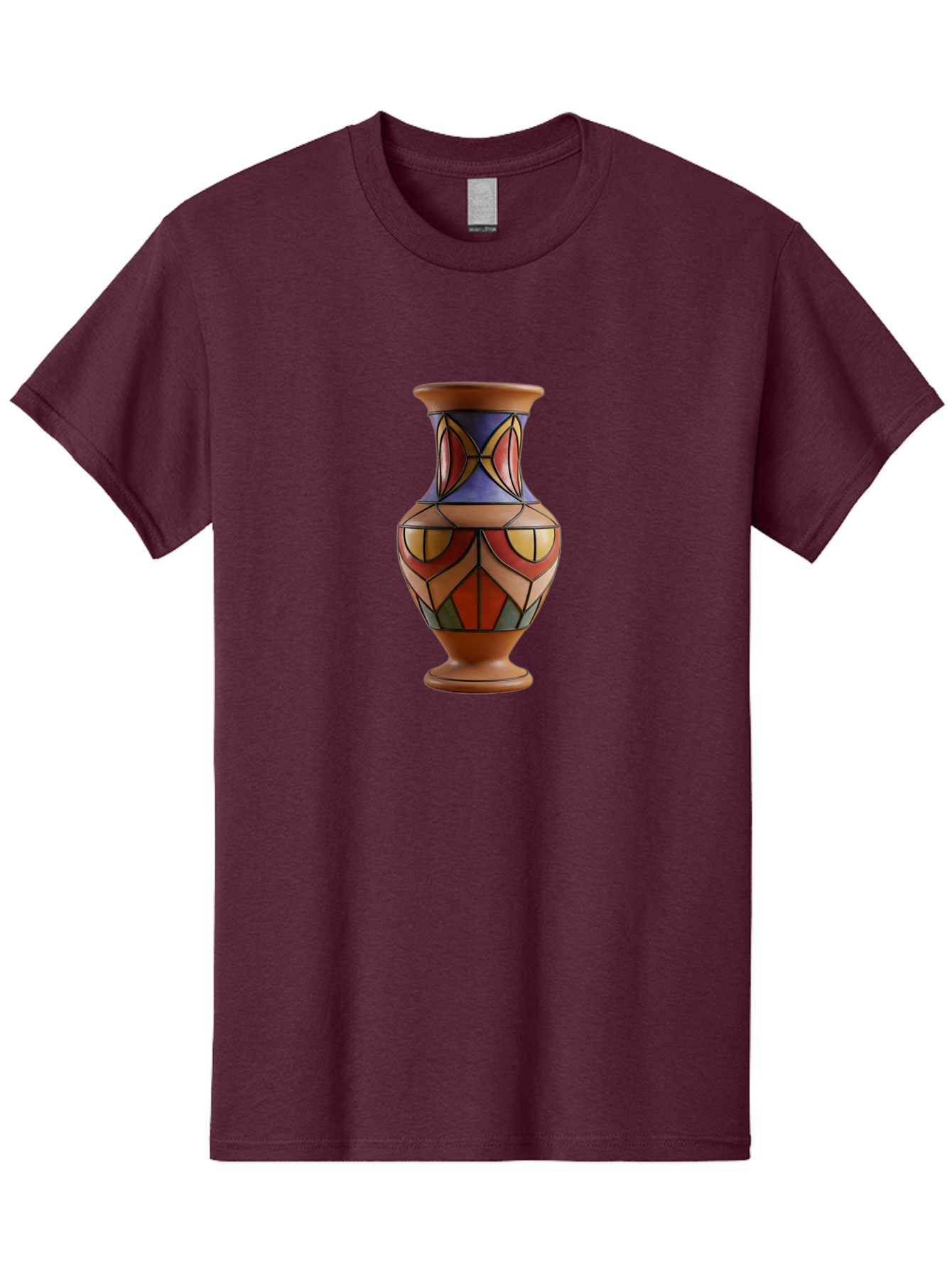 Colorful-Decorative-Vase Men'S Graphic Tee, 100% Cotton, Comfortable Casual Summer Wear, Machine Washable, Hand-Painted Vase, Ceramic Art, Geometric Shapes, Red, Blue, Yellow, Orange, Black, Earthy Tones, Interior Decor, Bohemian Style, Baa386