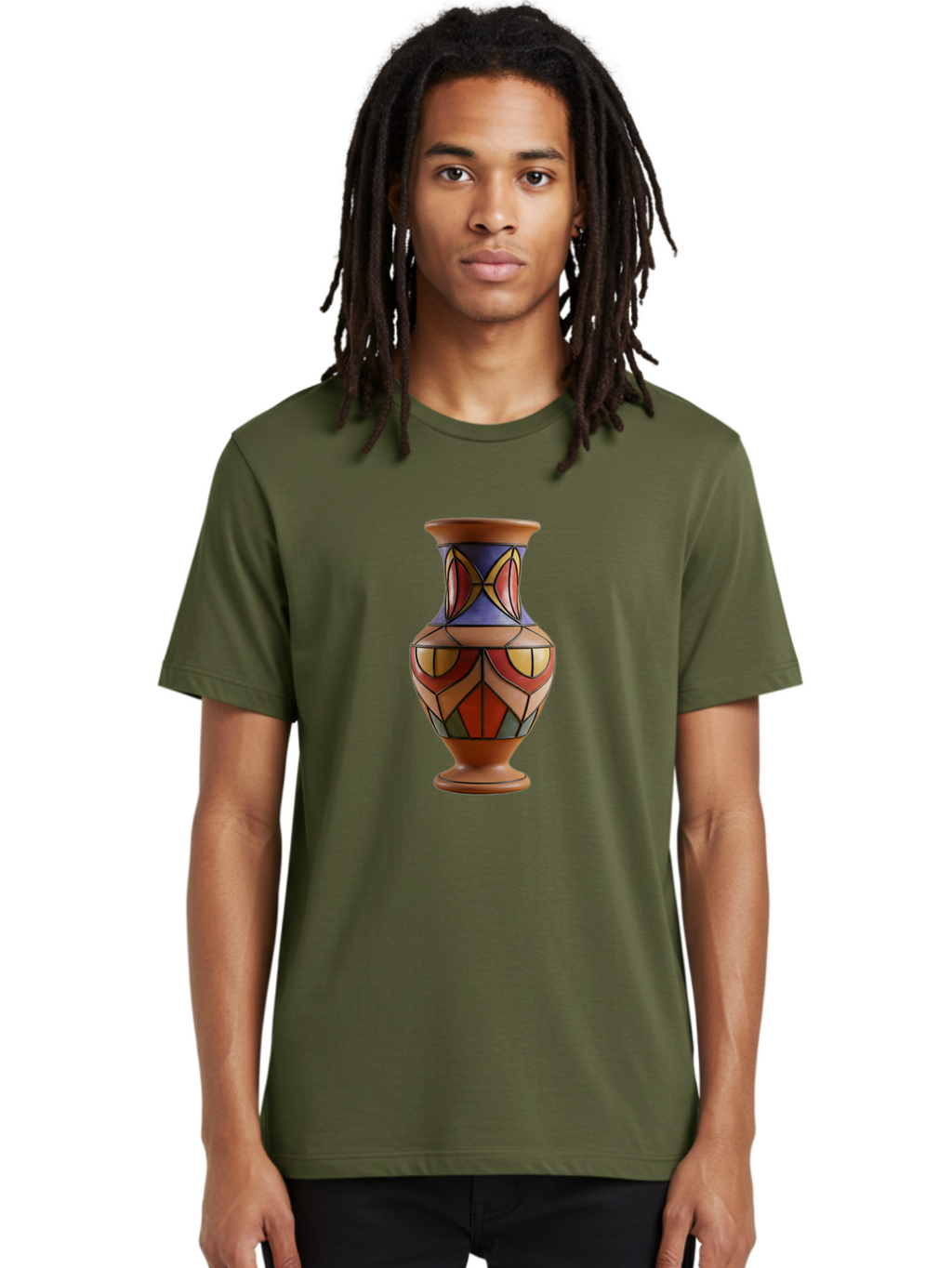 Colorful-Decorative-Vase Men'S Graphic Tee, 100% Cotton, Comfortable Casual Summer Wear, Machine Washable, Hand-Painted Vase, Ceramic Art, Geometric Shapes, Red, Blue, Yellow, Orange, Black, Earthy Tones, Interior Decor, Bohemian Style, Baa386