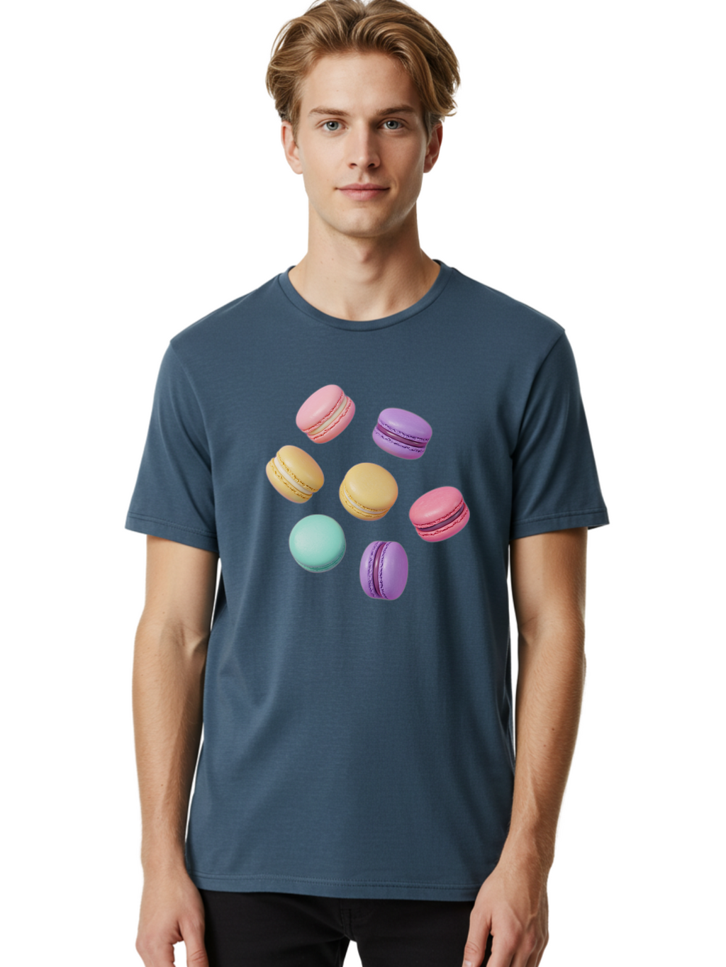 Colorful-Macarons-1 Men'S Graphic Tee, 100% Cotton, Comfortable Casual Summer Wear, Machine Washable, Colorful Macarons, Pastel Macarons, Assorted Macarons, Macaron Dessert, French Macarons, Sweet Treats, French Pastries, Macaron Flavors, Baa389