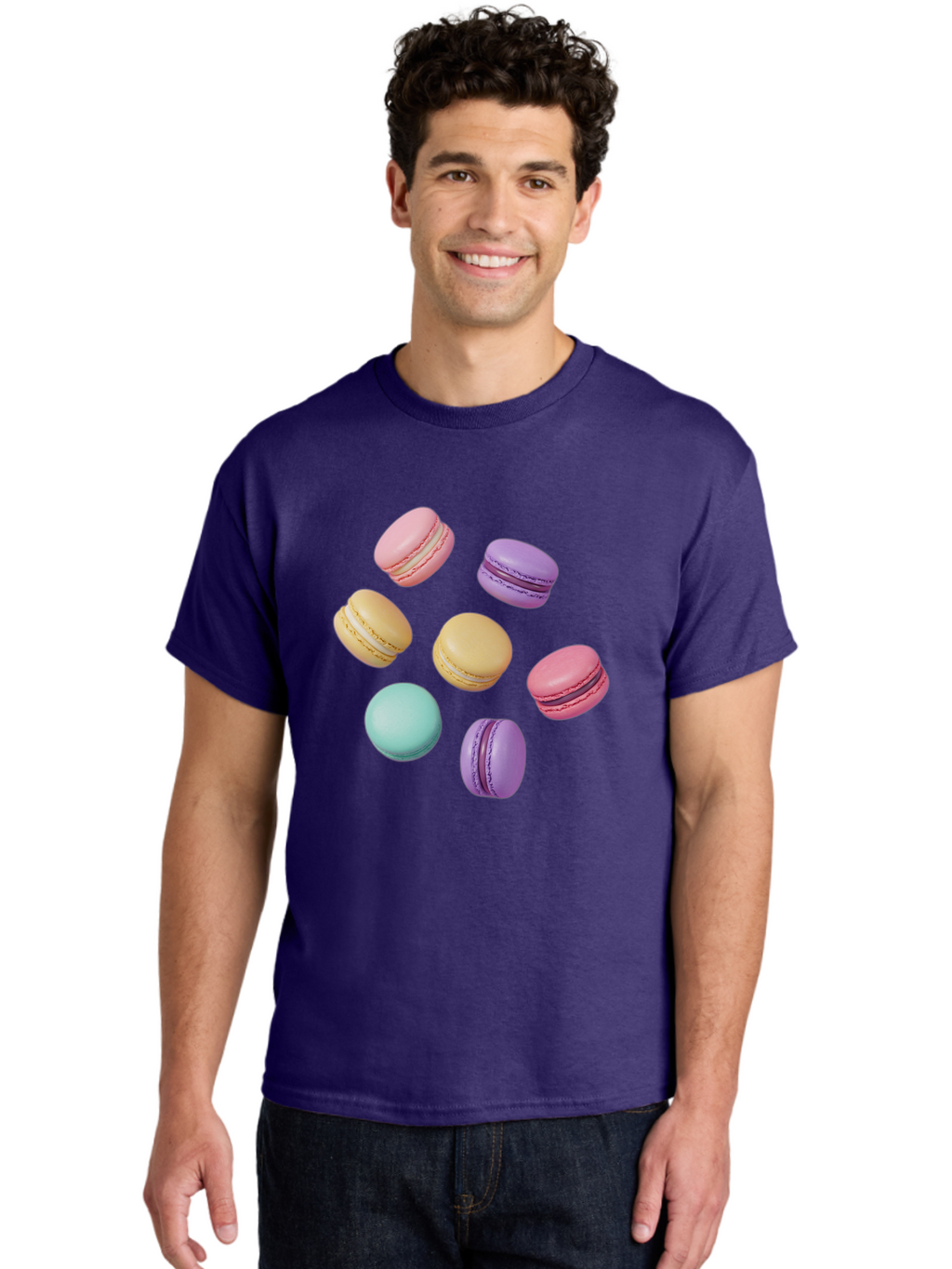 Colorful-Macarons-1 Men'S Graphic Tee, 100% Cotton, Comfortable Casual Summer Wear, Machine Washable, Colorful Macarons, Pastel Macarons, Assorted Macarons, Macaron Dessert, French Macarons, Sweet Treats, French Pastries, Macaron Flavors, Baa389