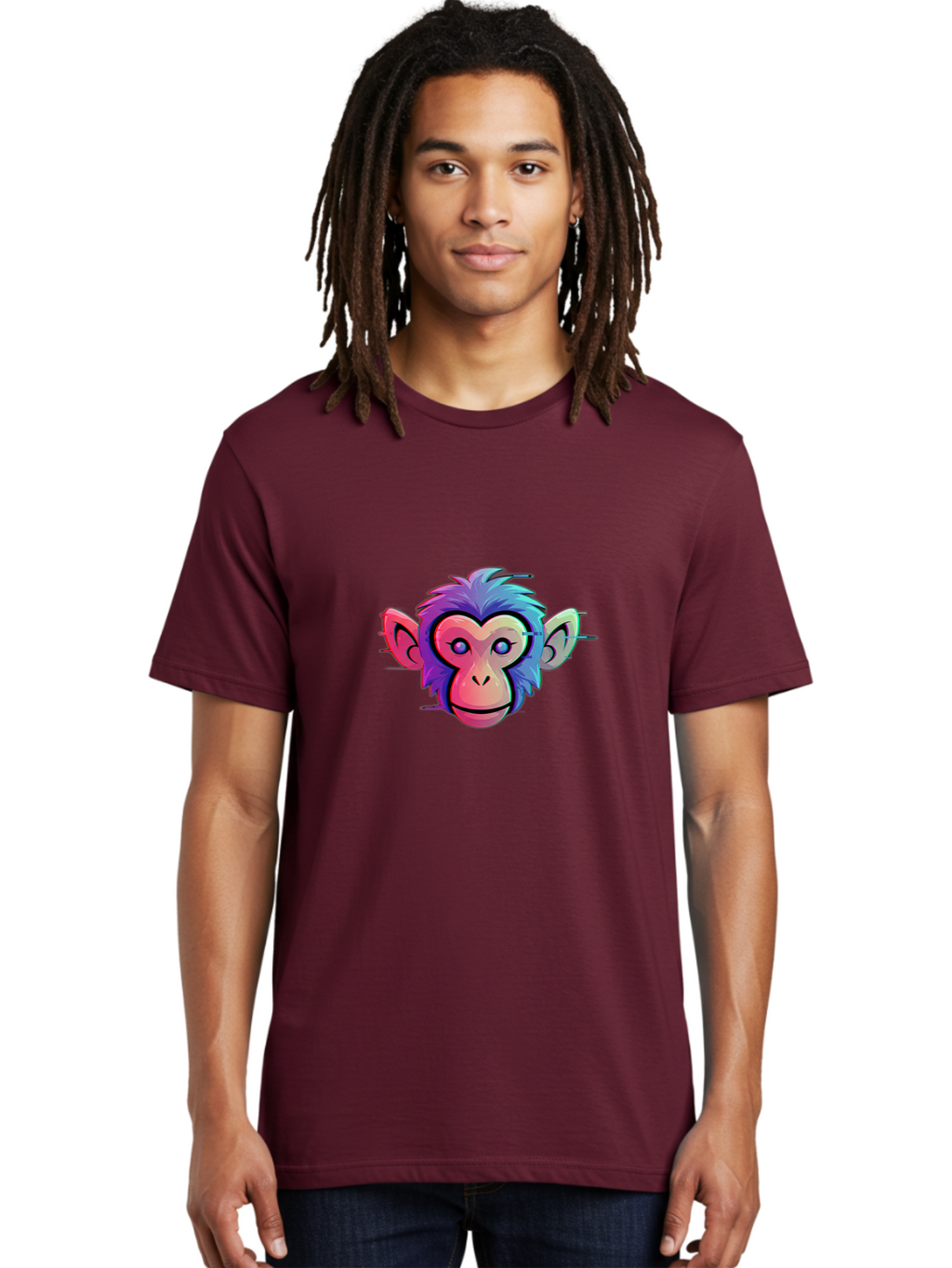 Colorful-Monkey-Head Men'S Graphic Tee, 100% Cotton, Comfortable Casual Summer Wear, Machine Washable, Cartoon Monkey, Colorful Illustration, Vibrant Fur, Pink Face, Blue Eyes, Playful Expression, Whimsical Design, Digital Art, Modern Graphic Baa391
