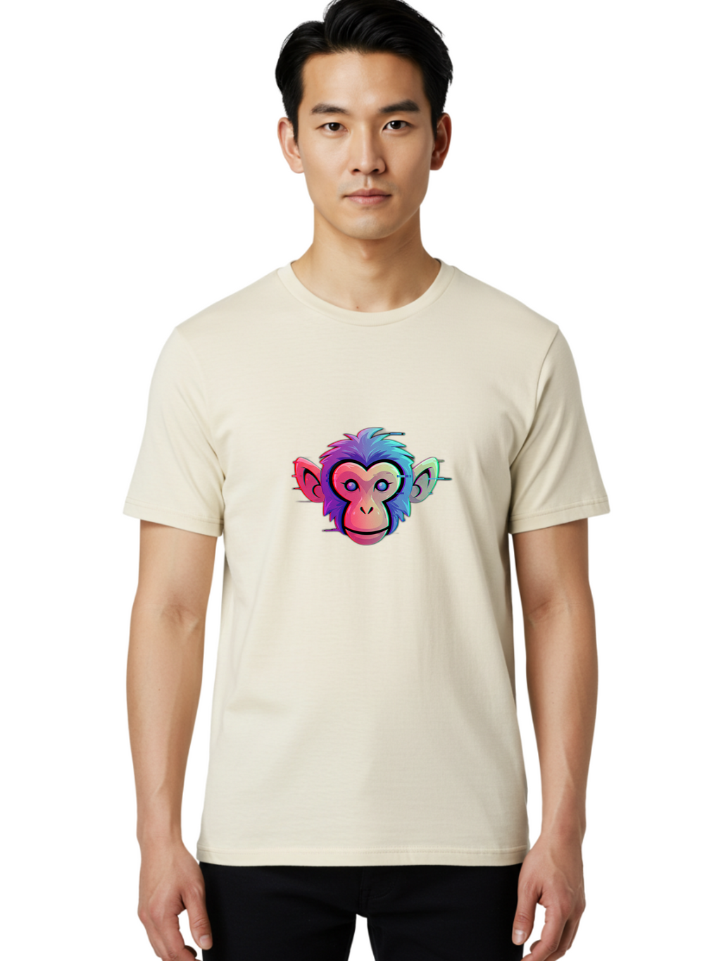 Colorful-Monkey-Head Men'S Graphic Tee, 100% Cotton, Comfortable Casual Summer Wear, Machine Washable, Cartoon Monkey, Colorful Illustration, Vibrant Fur, Pink Face, Blue Eyes, Playful Expression, Whimsical Design, Digital Art, Modern Graphic Baa391