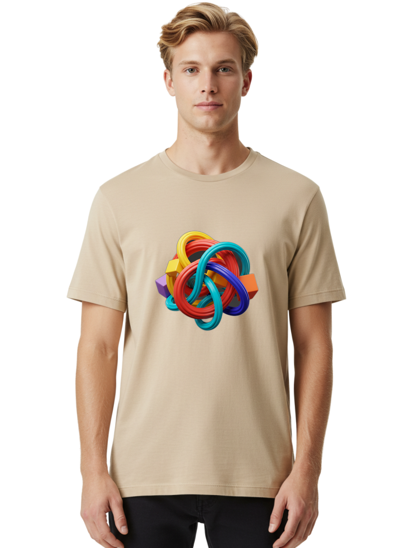 Colorful-Rings-And-Cubes Men'S Graphic Tee, 100% Cotton, Comfortable Casual Summer Wear, Machine Washable, Interconnected Rings, 3D Graphics, Colorful Shapes, Abstract Art, Vibrant Colors, Geometric Forms, Dynamic Composition, Modern Design, Baa393