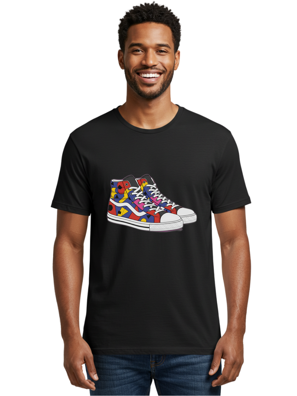 Colorful-Sneakers Men'S Graphic Tee, 100% Cotton, Comfortable Casual Summer Wear, Machine Washable, High-Top Sneakers, Colorful Sneakers, Abstract Shapes, Vibrant Colors, Bold Design, Streetwear Fashion, Trendy Footwear, White Laces, Baa394