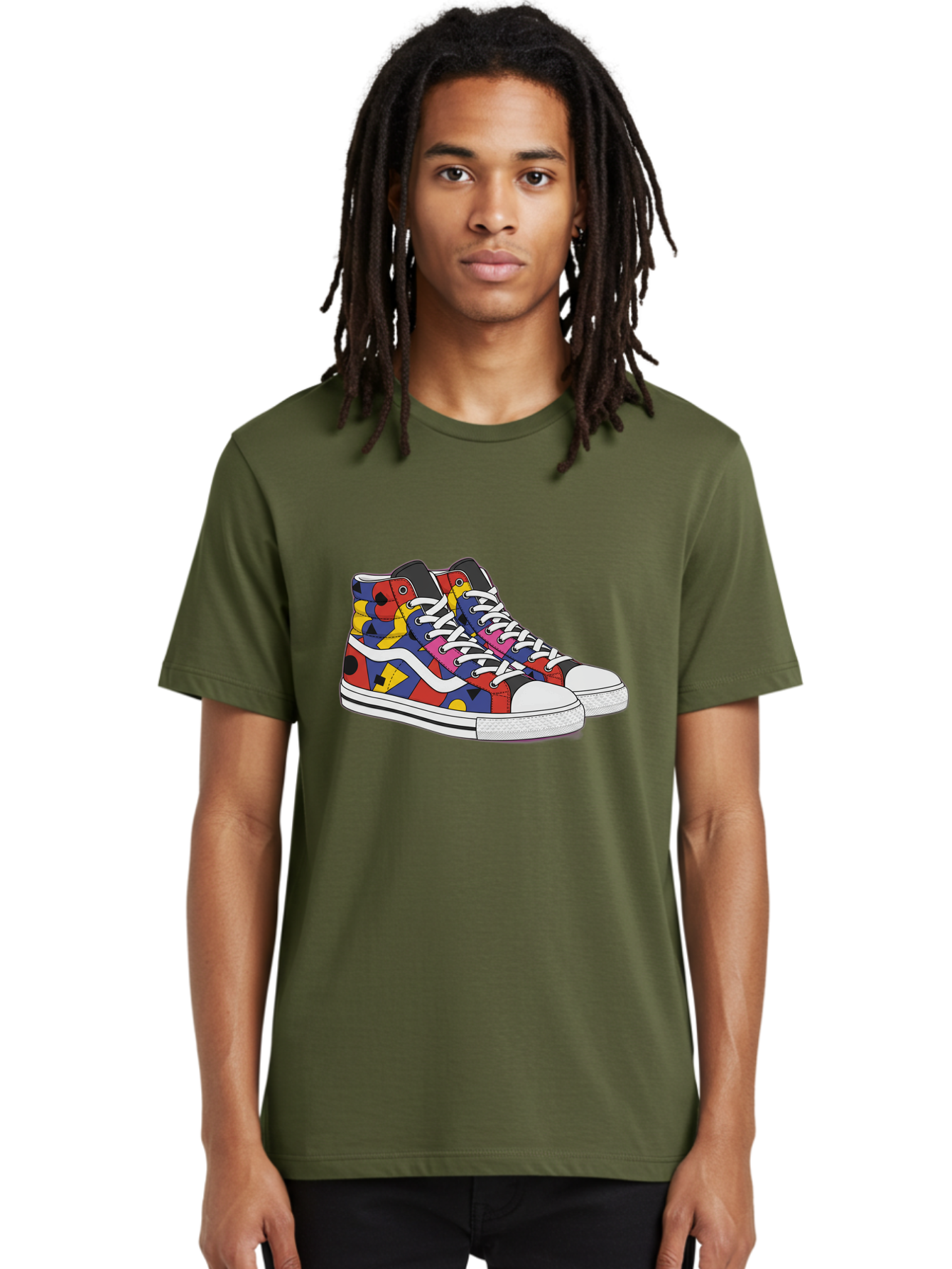 Colorful-Sneakers Men'S Graphic Tee, 100% Cotton, Comfortable Casual Summer Wear, Machine Washable, High-Top Sneakers, Colorful Sneakers, Abstract Shapes, Vibrant Colors, Bold Design, Streetwear Fashion, Trendy Footwear, White Laces, Baa394