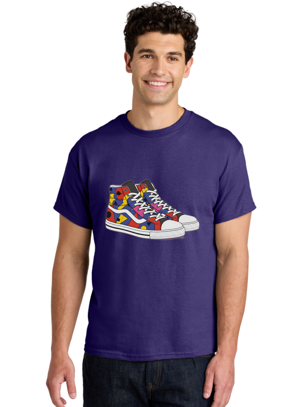Colorful-Sneakers Men'S Graphic Tee, 100% Cotton, Comfortable Casual Summer Wear, Machine Washable, High-Top Sneakers, Colorful Sneakers, Abstract Shapes, Vibrant Colors, Bold Design, Streetwear Fashion, Trendy Footwear, White Laces, Baa394