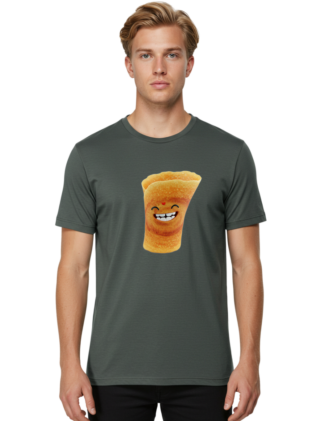 Conical-Crepe Men'S Graphic Tee, 100% Cotton, Comfortable Casual Summer Wear, Machine Washable, Crepe Cone, Smiling Face, Happy Expression, Food Illustration, Cartoon Character, Breakfast Food, Dessert Cone, Sweet Treat, Tasty Delight, Baa395