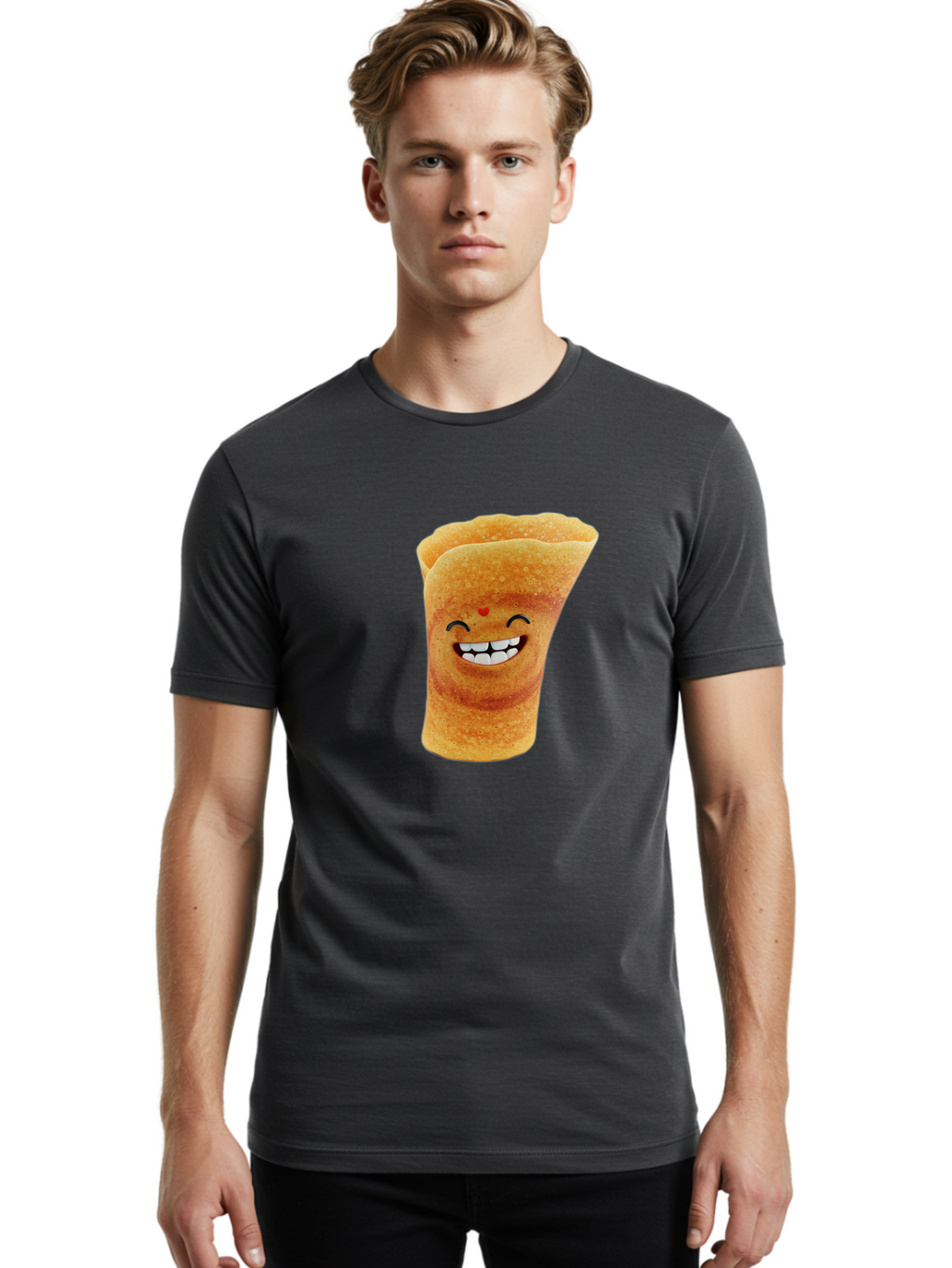 Conical-Crepe Men'S Graphic Tee, 100% Cotton, Comfortable Casual Summer Wear, Machine Washable, Crepe Cone, Smiling Face, Happy Expression, Food Illustration, Cartoon Character, Breakfast Food, Dessert Cone, Sweet Treat, Tasty Delight, Baa395