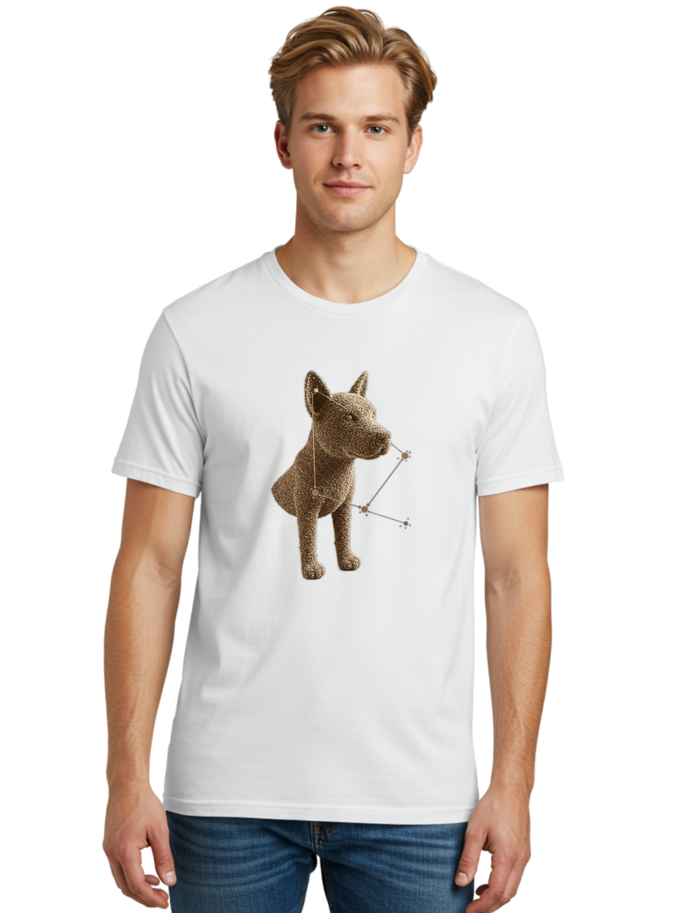 Constellation-Dog Men'S Graphic Tee, 100% Cotton, Comfortable Casual Summer Wear, Machine Washable, Stylized Dog Illustration, Constellation Pattern, Geometric Design, Modern Art, Dog Silhouette, Celestial Theme, Abstract Dog Art, Baa396