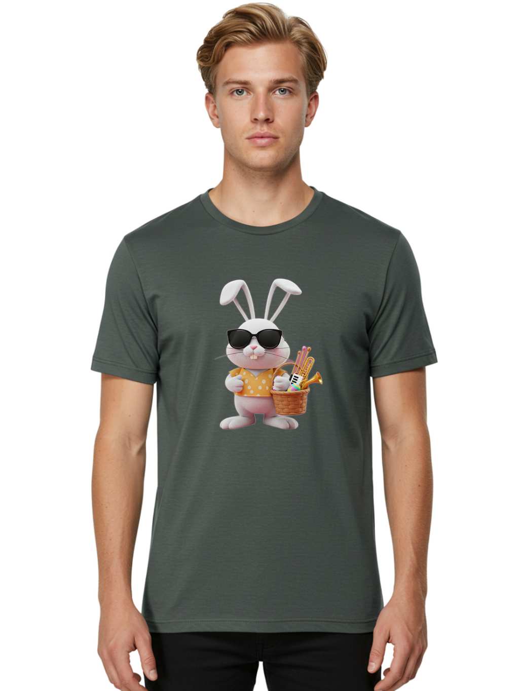 Cool-Bunny-Easter Men'S Graphic Tee, 100% Cotton, Comfortable Casual Summer Wear, Machine Washable, Easter Bunny With Sunglasses, Orange Polka Dot Shirt, Wicker Basket, Trumpet, Party Horns, Easter Eggs, Festive Accessories, Cartoon Character, Baa398