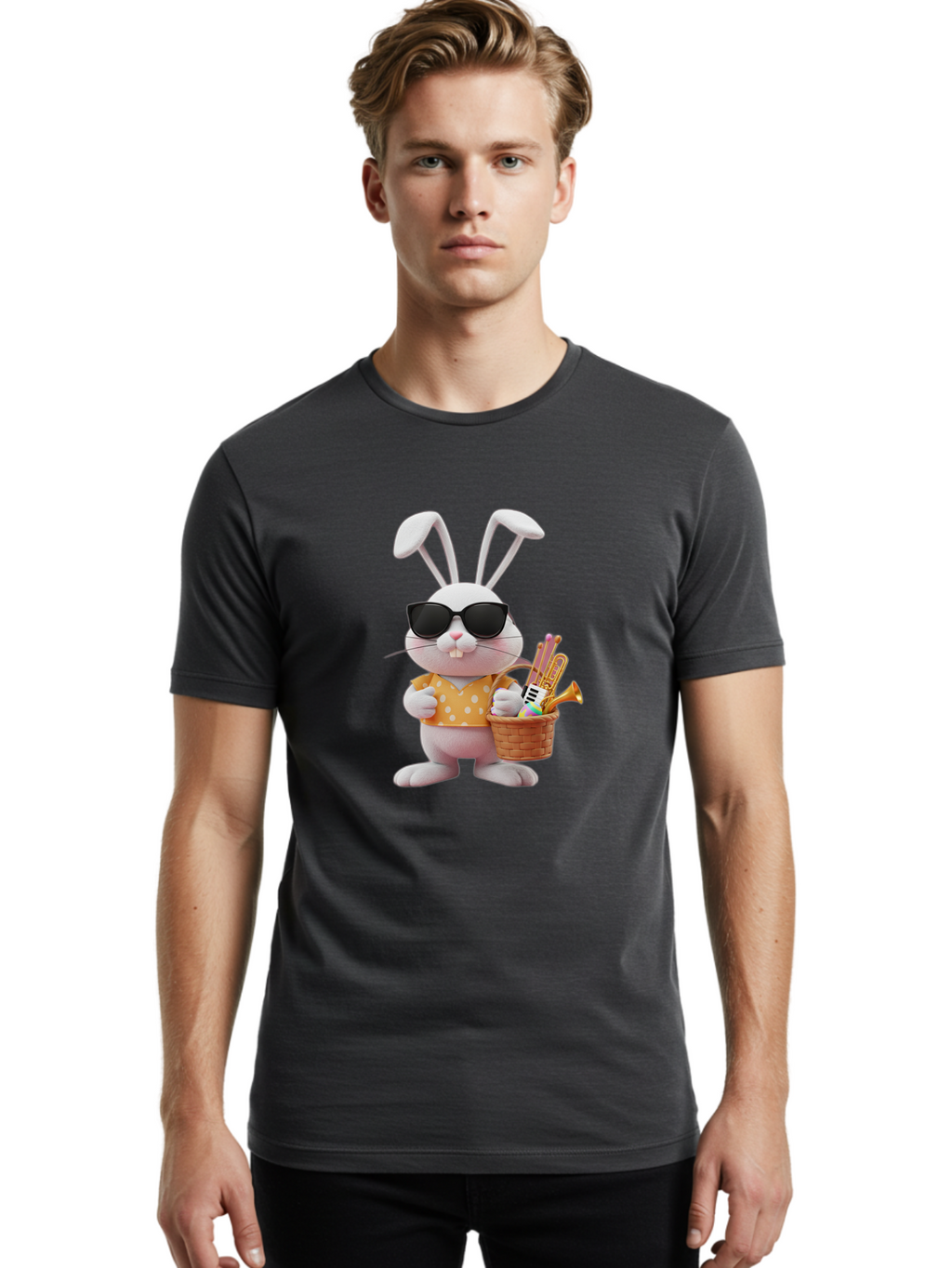 Cool-Bunny-Easter Men'S Graphic Tee, 100% Cotton, Comfortable Casual Summer Wear, Machine Washable, Easter Bunny With Sunglasses, Orange Polka Dot Shirt, Wicker Basket, Trumpet, Party Horns, Easter Eggs, Festive Accessories, Cartoon Character, Baa398