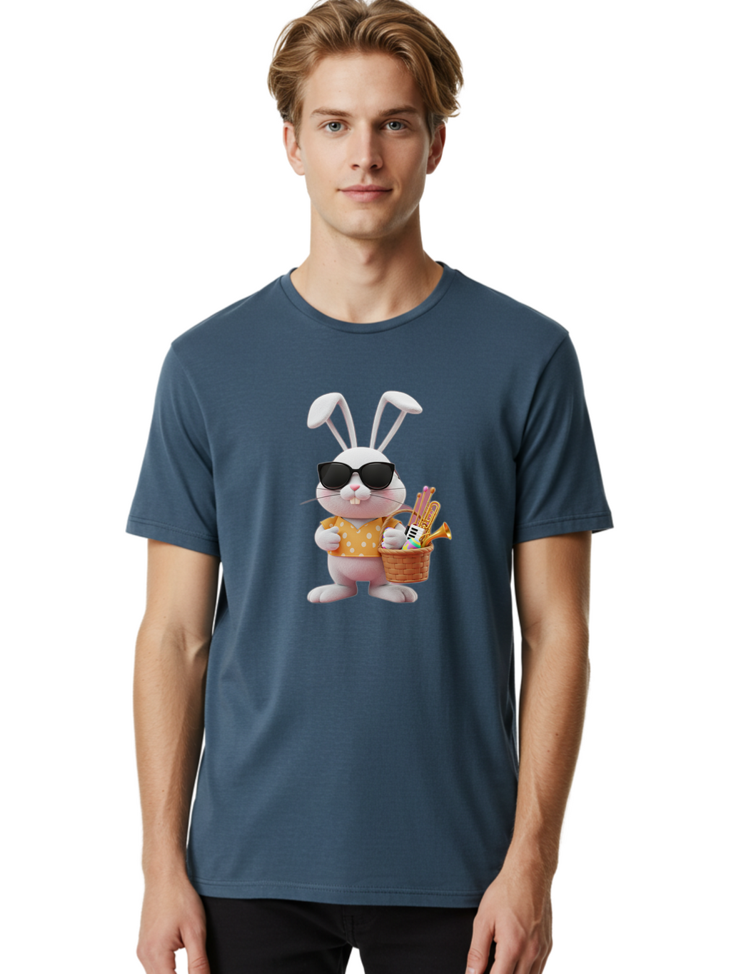 Cool-Bunny-Easter Men'S Graphic Tee, 100% Cotton, Comfortable Casual Summer Wear, Machine Washable, Easter Bunny With Sunglasses, Orange Polka Dot Shirt, Wicker Basket, Trumpet, Party Horns, Easter Eggs, Festive Accessories, Cartoon Character, Baa398