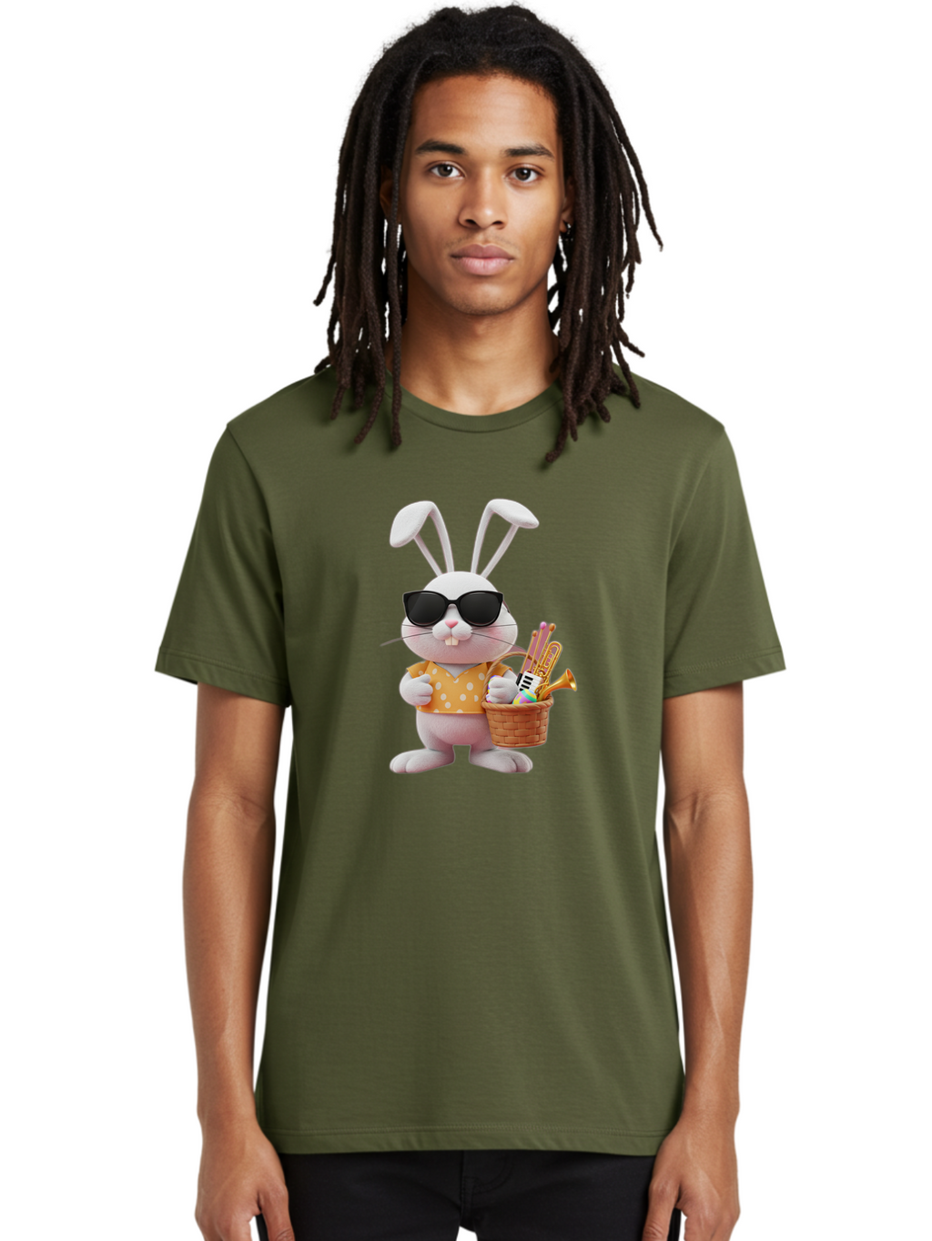 Cool-Bunny-Easter Men'S Graphic Tee, 100% Cotton, Comfortable Casual Summer Wear, Machine Washable, Easter Bunny With Sunglasses, Orange Polka Dot Shirt, Wicker Basket, Trumpet, Party Horns, Easter Eggs, Festive Accessories, Cartoon Character, Baa398
