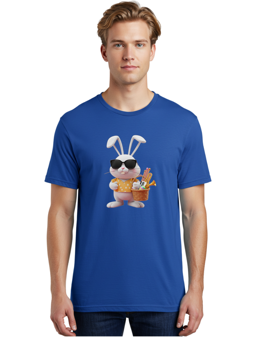 Cool-Bunny-Easter Men'S Graphic Tee, 100% Cotton, Comfortable Casual Summer Wear, Machine Washable, Easter Bunny With Sunglasses, Orange Polka Dot Shirt, Wicker Basket, Trumpet, Party Horns, Easter Eggs, Festive Accessories, Cartoon Character, Baa398