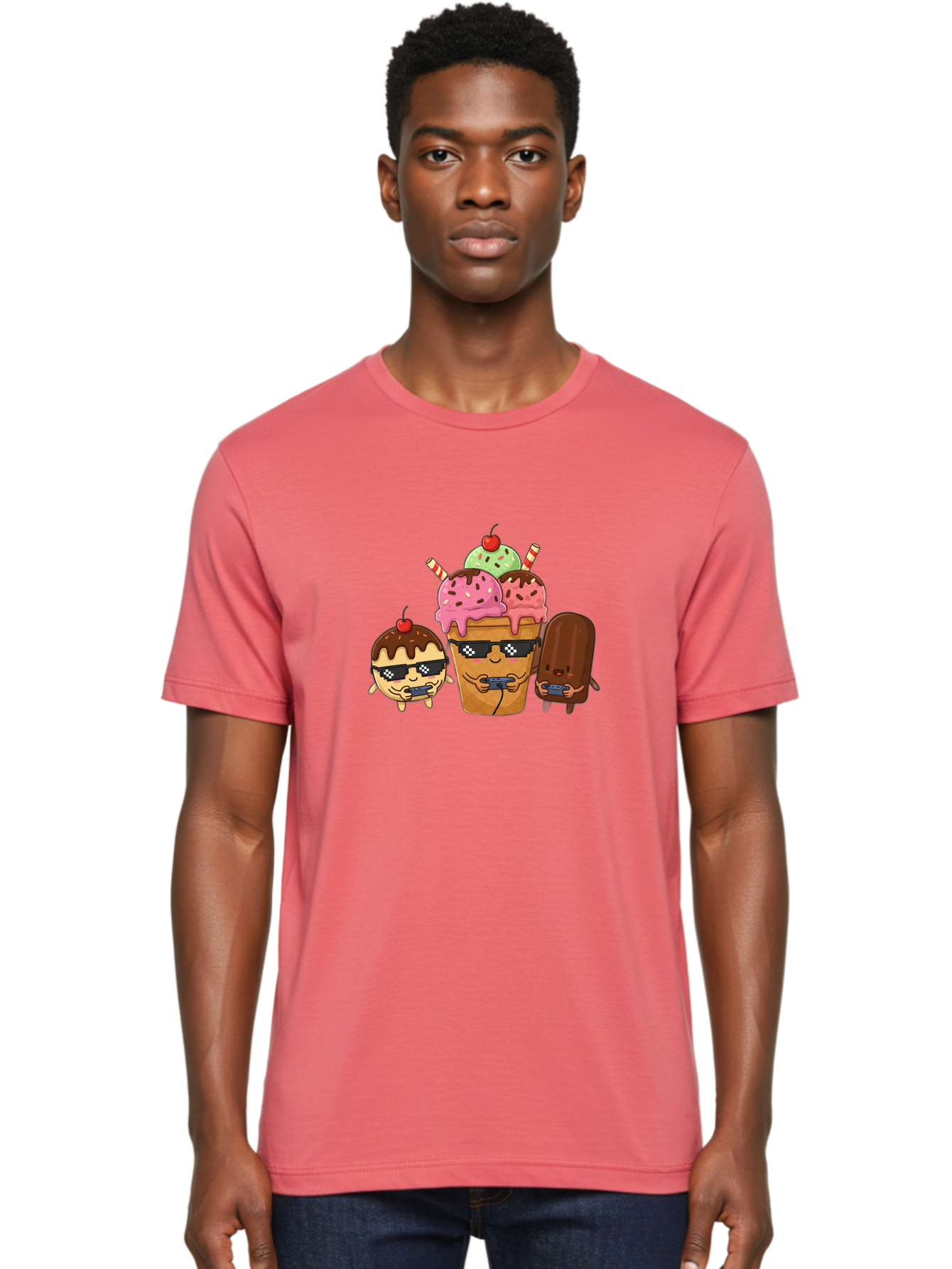 Cool-Ice-Cream-1 Men'S Graphic Tee, 100% Cotton, Comfortable Casual Summer Wear, Machine Washable, Cute Ice Cream Characters, Ice Cream Cone, Chocolate Chip Cookie Dough Ice Cream, Strawberry Ice Cream, Mint Chocolate Chip Ice Cream, Baa399