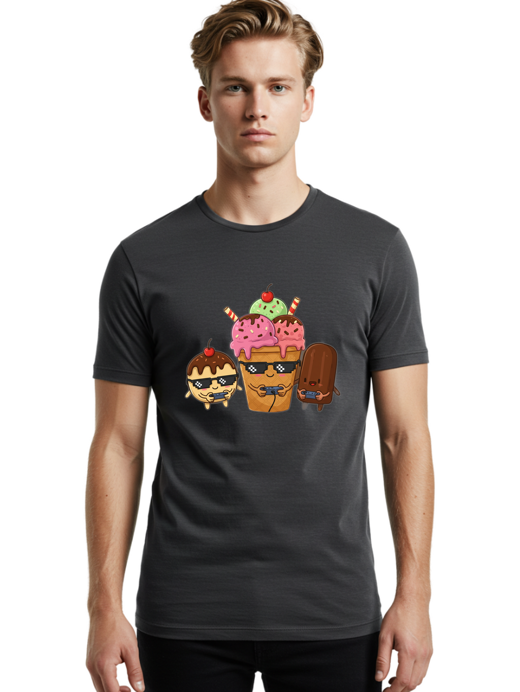 Cool-Ice-Cream-1 Men'S Graphic Tee, 100% Cotton, Comfortable Casual Summer Wear, Machine Washable, Cute Ice Cream Characters, Ice Cream Cone, Chocolate Chip Cookie Dough Ice Cream, Strawberry Ice Cream, Mint Chocolate Chip Ice Cream, Baa399