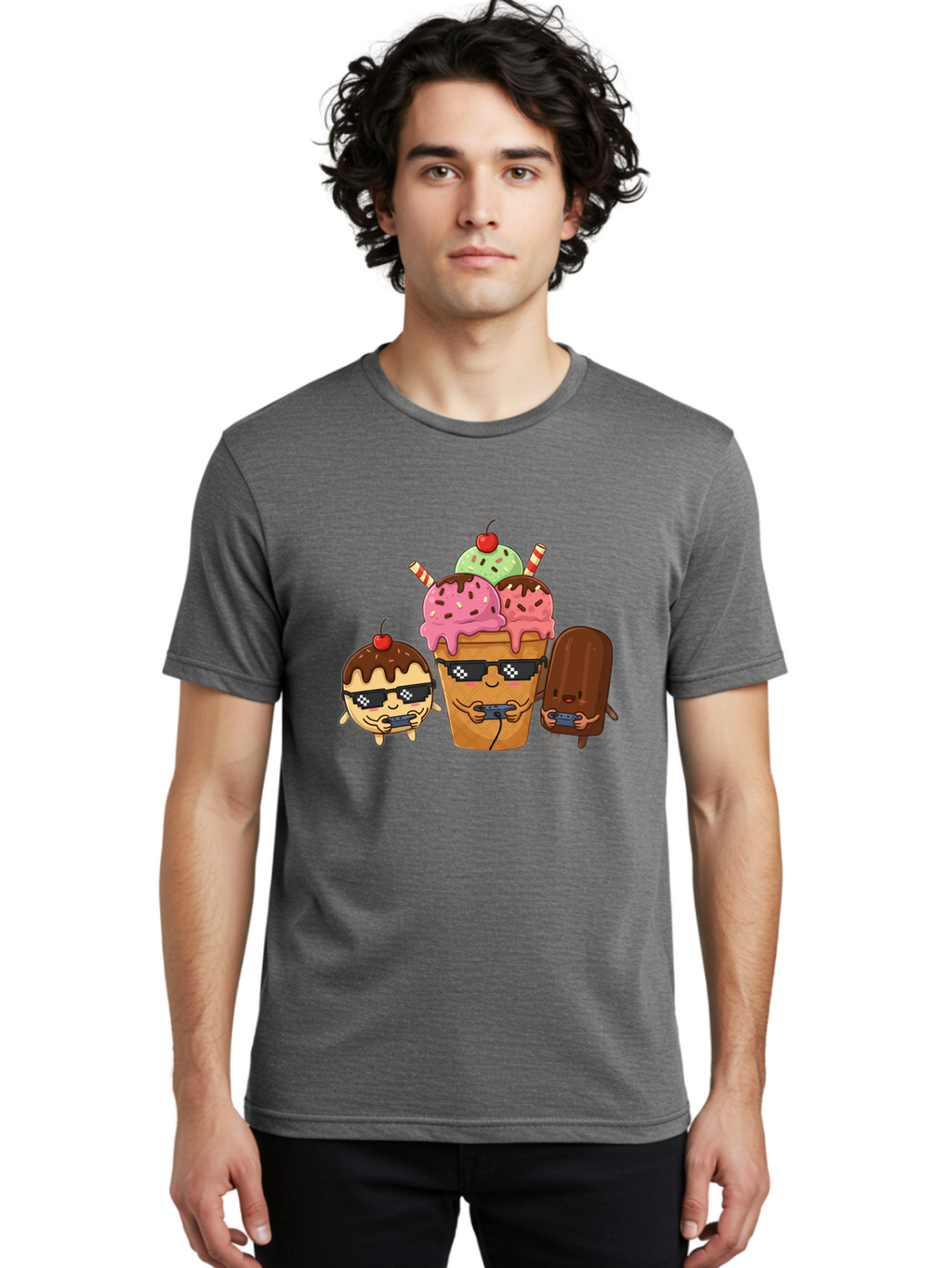 Cool-Ice-Cream-1 Men'S Graphic Tee, 100% Cotton, Comfortable Casual Summer Wear, Machine Washable, Cute Ice Cream Characters, Ice Cream Cone, Chocolate Chip Cookie Dough Ice Cream, Strawberry Ice Cream, Mint Chocolate Chip Ice Cream, Baa399