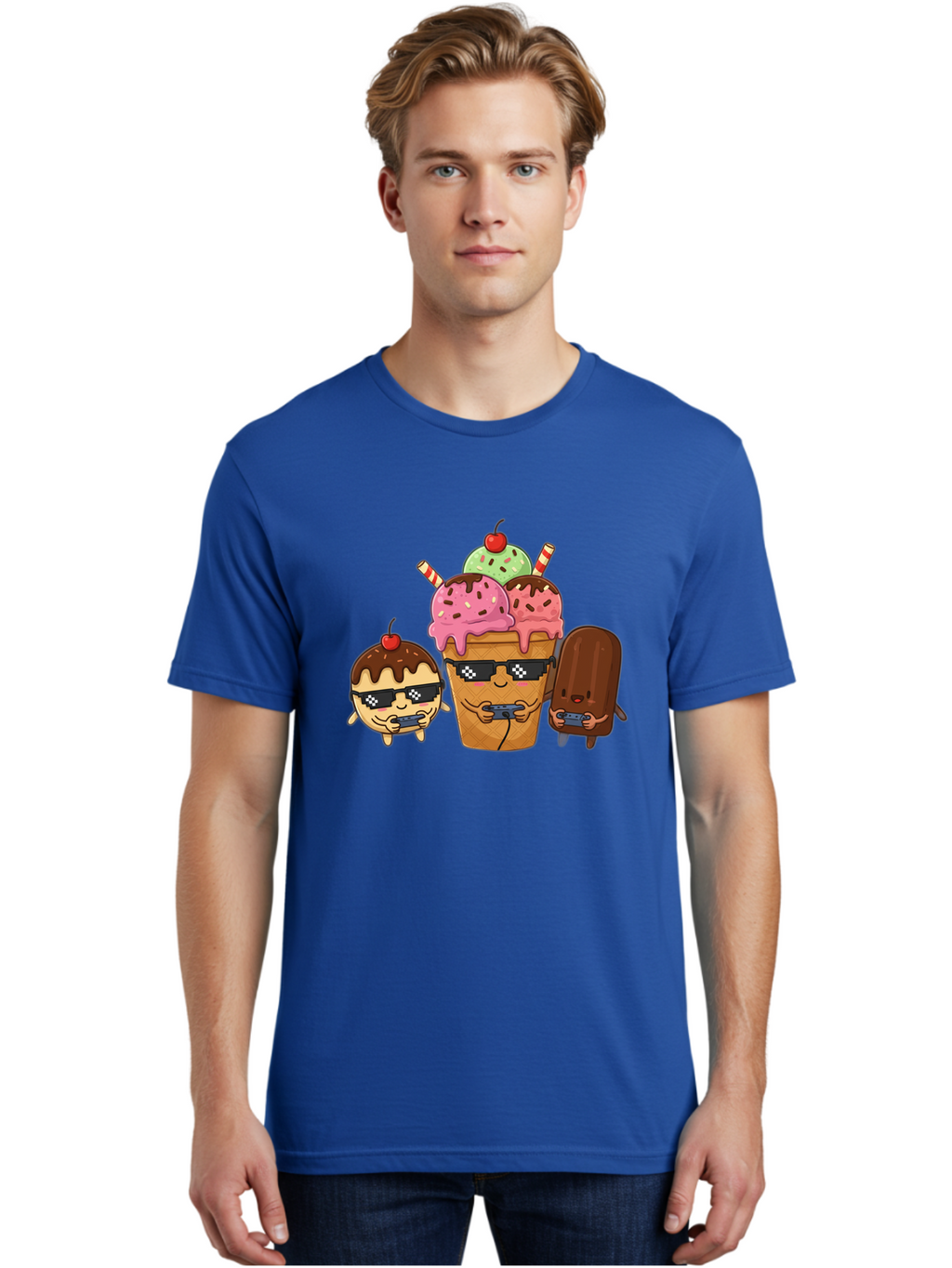 Cool-Ice-Cream-1 Men'S Graphic Tee, 100% Cotton, Comfortable Casual Summer Wear, Machine Washable, Cute Ice Cream Characters, Ice Cream Cone, Chocolate Chip Cookie Dough Ice Cream, Strawberry Ice Cream, Mint Chocolate Chip Ice Cream, Baa399