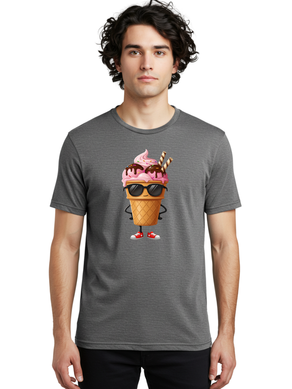 Cool-Ice-Cream-2 Men'S Graphic Tee, 100% Cotton, Comfortable Casual Summer Wear, Machine Washable, Ice Cream Cone Character, Pink Ice Cream, Chocolate Sauce, Striped Straws, Sunglasses, Red Sneakers, Cartoon Character, Sweet Treat, Baa400