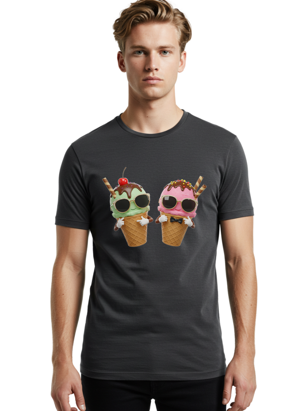Cool-Ice-Cream-Cones-1 Men'S Graphic Tee, 100% Cotton, Comfortable Casual Summer Wear, Machine Washable, Fun Ice Cream, Cool Treats, Waffle Cones, Mint Ice Cream, Strawberry Ice Cream, Chocolate Sauce, Sunglasses, Playful Accessories, Baa401