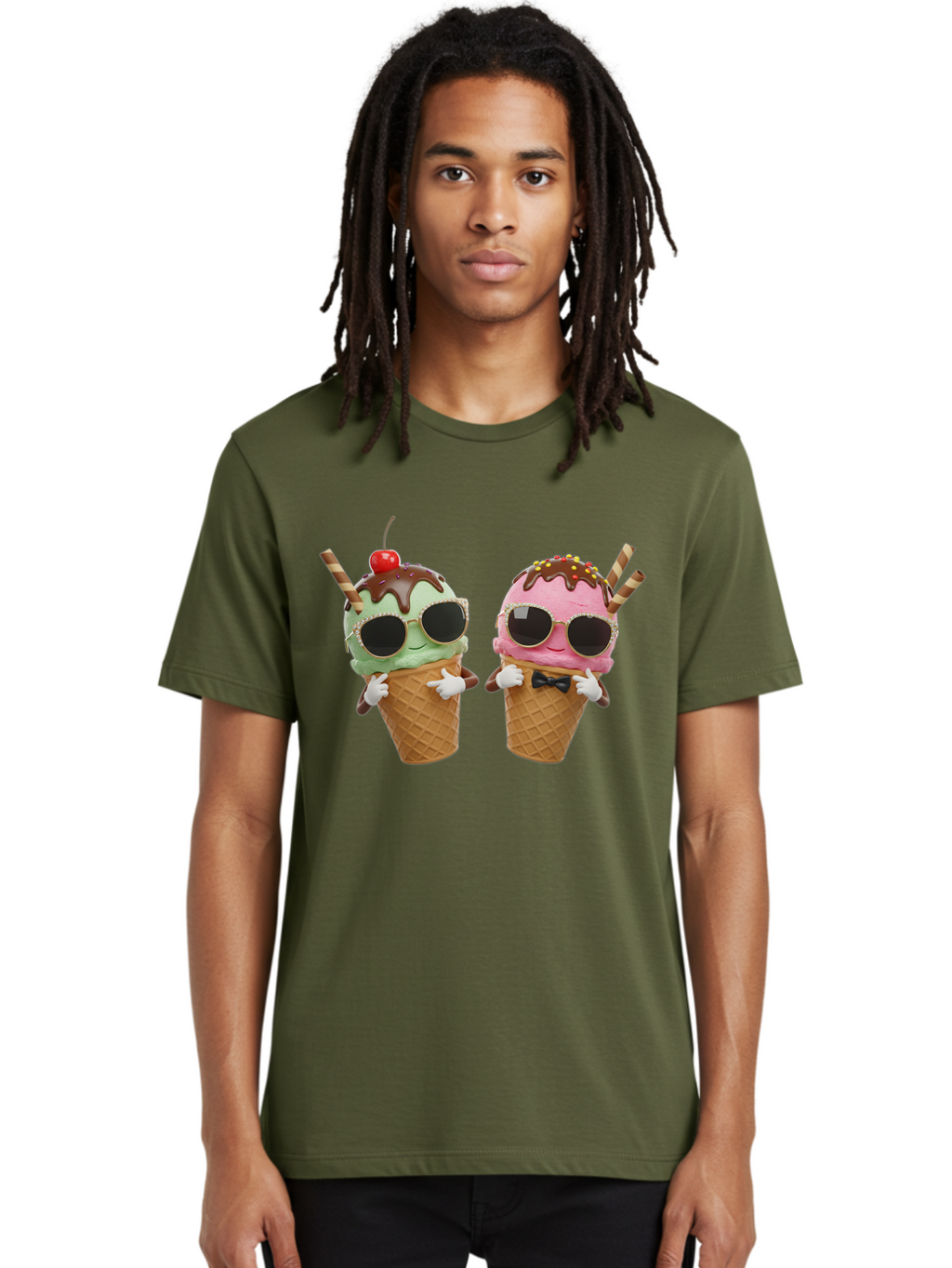 Cool-Ice-Cream-Cones-1 Men'S Graphic Tee, 100% Cotton, Comfortable Casual Summer Wear, Machine Washable, Fun Ice Cream, Cool Treats, Waffle Cones, Mint Ice Cream, Strawberry Ice Cream, Chocolate Sauce, Sunglasses, Playful Accessories, Baa401