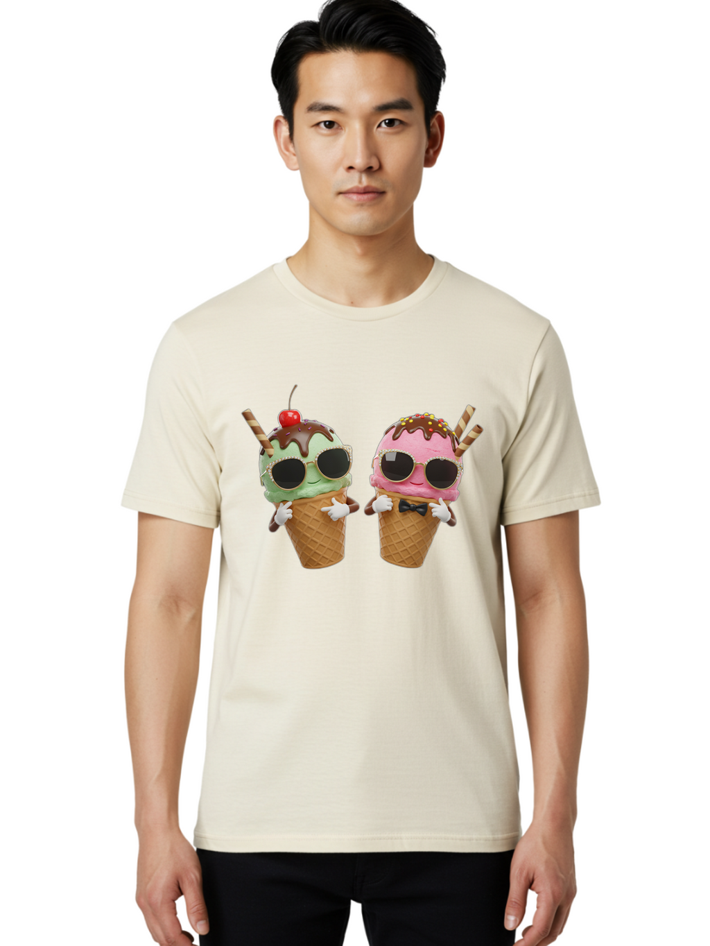 Cool-Ice-Cream-Cones-1 Men'S Graphic Tee, 100% Cotton, Comfortable Casual Summer Wear, Machine Washable, Fun Ice Cream, Cool Treats, Waffle Cones, Mint Ice Cream, Strawberry Ice Cream, Chocolate Sauce, Sunglasses, Playful Accessories, Baa401