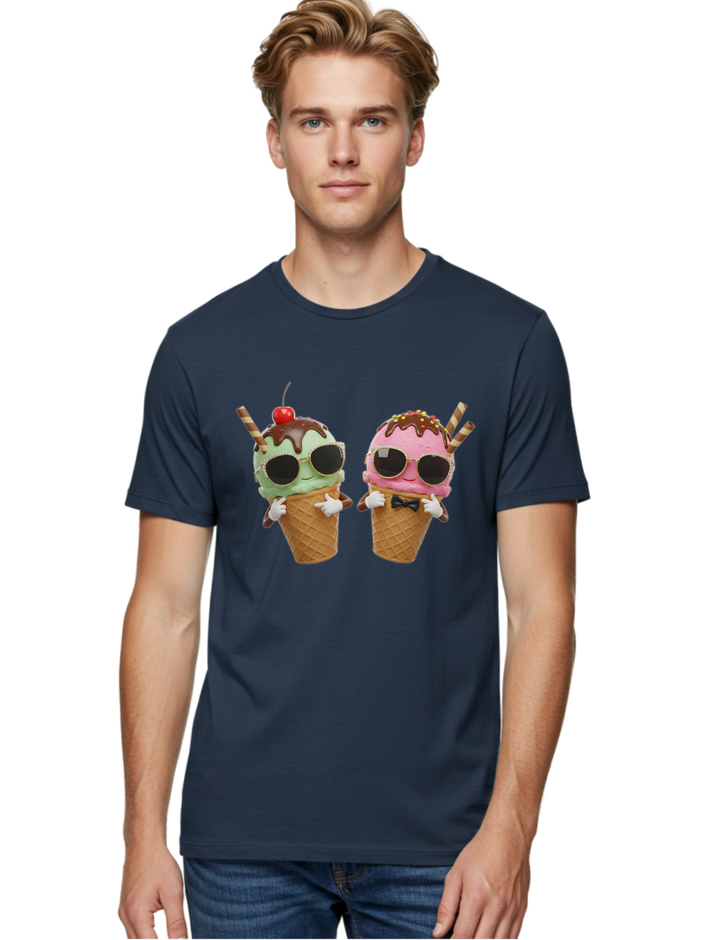 Cool-Ice-Cream-Cones-1 Men'S Graphic Tee, 100% Cotton, Comfortable Casual Summer Wear, Machine Washable, Fun Ice Cream, Cool Treats, Waffle Cones, Mint Ice Cream, Strawberry Ice Cream, Chocolate Sauce, Sunglasses, Playful Accessories, Baa401