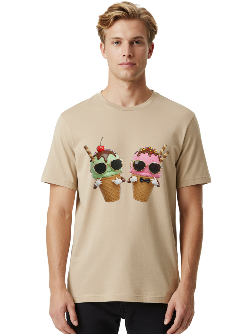 Cool-Ice-Cream-Cones-1 Men'S Graphic Tee, 100% Cotton, Comfortable Casual Summer Wear, Machine Washable, Fun Ice Cream, Cool Treats, Waffle Cones, Mint Ice Cream, Strawberry Ice Cream, Chocolate Sauce, Sunglasses, Playful Accessories, Baa401