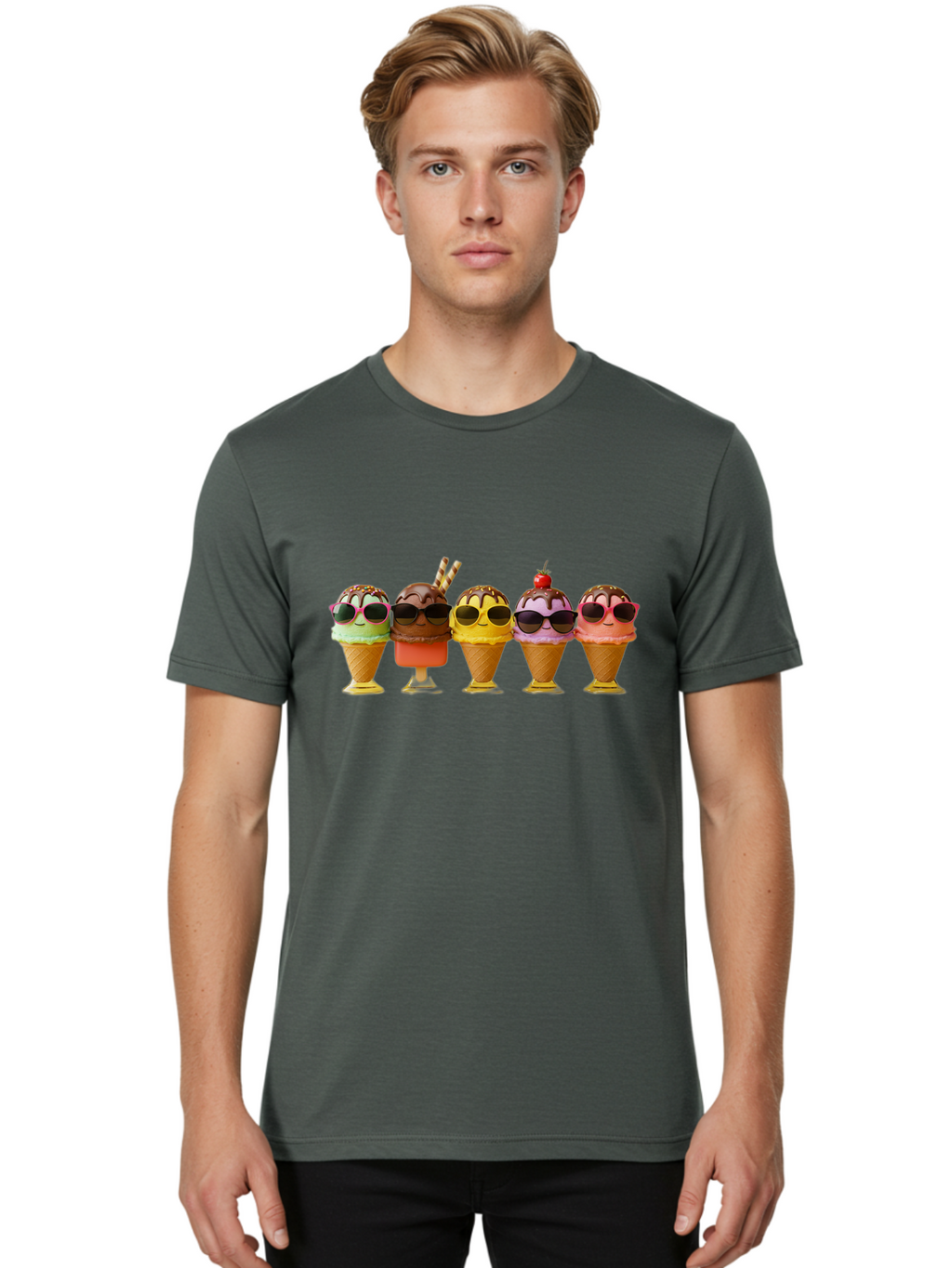 Cool-Ice-Cream-Cones Men'S Graphic Tee, 100% Cotton, Comfortable Casual Summer Wear, Machine Washable, Ice Cream Cones, Sunglasses, Cartoon Characters, Colorful Desserts, Sweet Treats, Fun Food, Happy Vibes, Summer Fun, Cool Cones Baa402