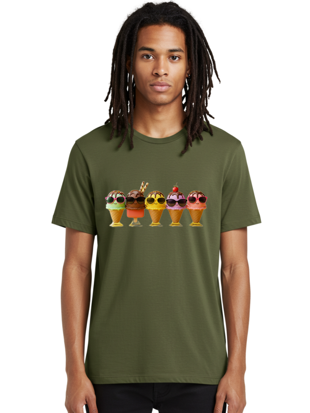 Cool-Ice-Cream-Cones Men'S Graphic Tee, 100% Cotton, Comfortable Casual Summer Wear, Machine Washable, Ice Cream Cones, Sunglasses, Cartoon Characters, Colorful Desserts, Sweet Treats, Fun Food, Happy Vibes, Summer Fun, Cool Cones Baa402