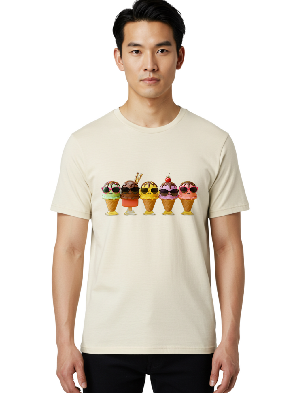 Cool-Ice-Cream-Cones Men'S Graphic Tee, 100% Cotton, Comfortable Casual Summer Wear, Machine Washable, Ice Cream Cones, Sunglasses, Cartoon Characters, Colorful Desserts, Sweet Treats, Fun Food, Happy Vibes, Summer Fun, Cool Cones Baa402
