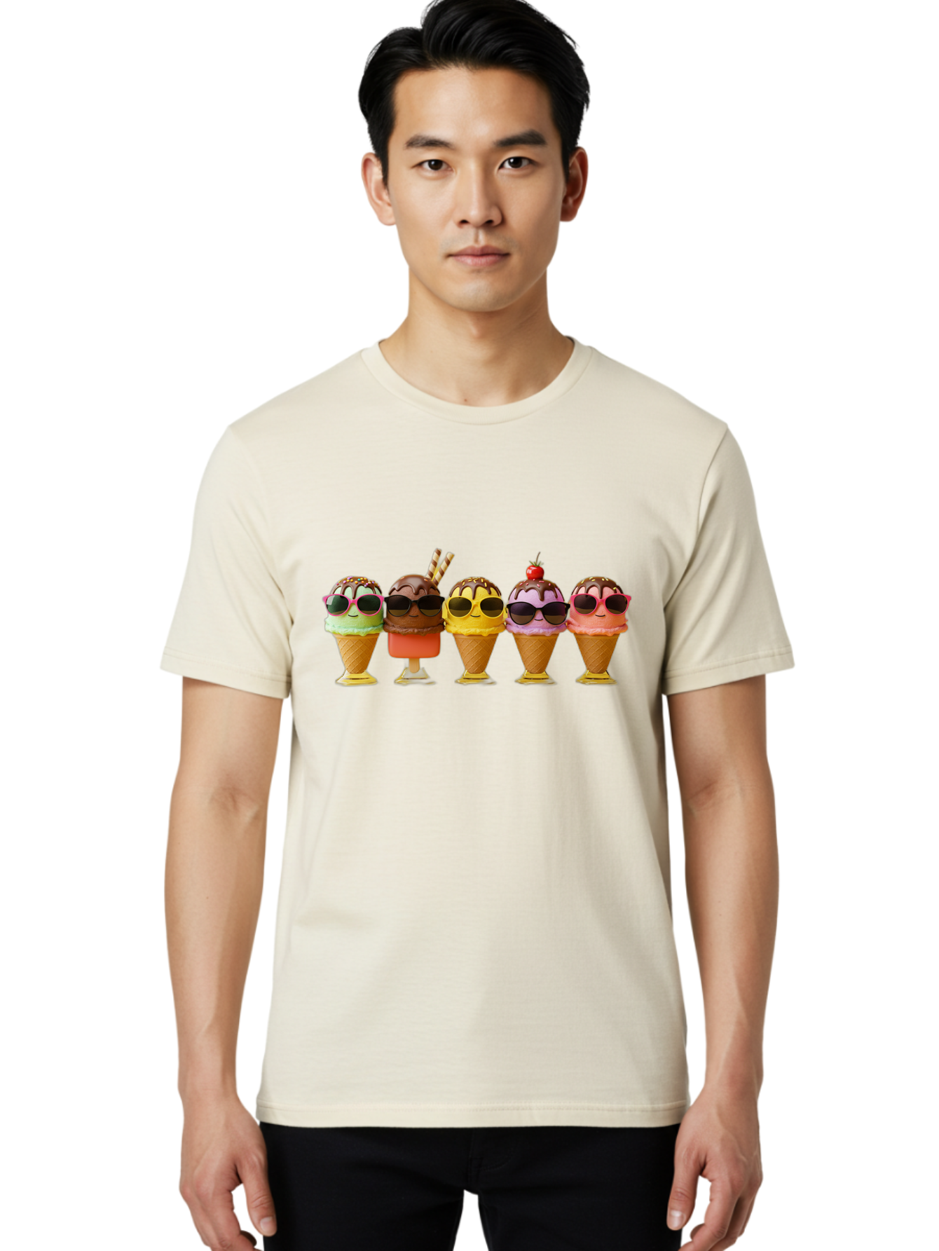 Cool-Ice-Cream-Cones Men'S Graphic Tee, 100% Cotton, Comfortable Casual Summer Wear, Machine Washable, Ice Cream Cones, Sunglasses, Cartoon Characters, Colorful Desserts, Sweet Treats, Fun Food, Happy Vibes, Summer Fun, Cool Cones Baa402