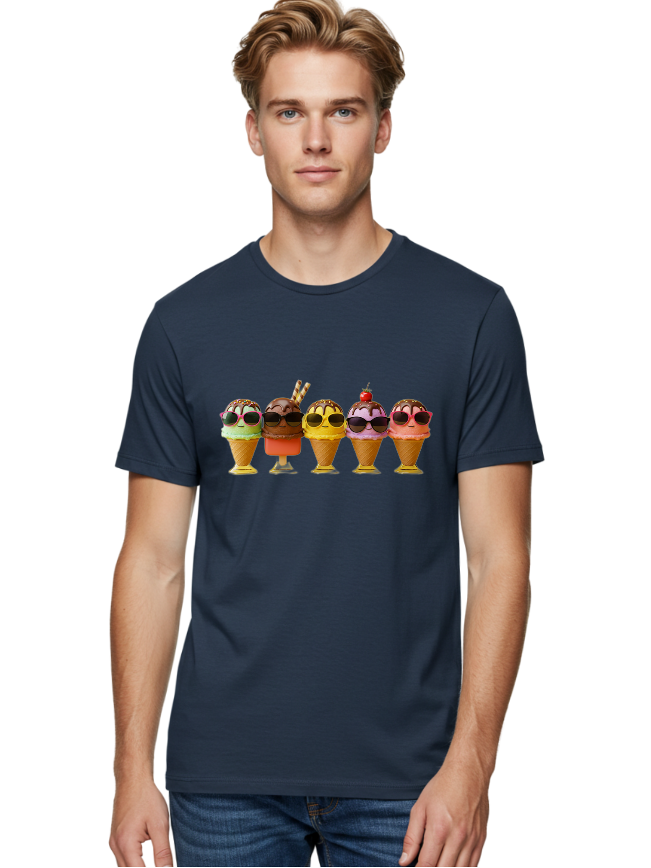 Cool-Ice-Cream-Cones Men'S Graphic Tee, 100% Cotton, Comfortable Casual Summer Wear, Machine Washable, Ice Cream Cones, Sunglasses, Cartoon Characters, Colorful Desserts, Sweet Treats, Fun Food, Happy Vibes, Summer Fun, Cool Cones Baa402