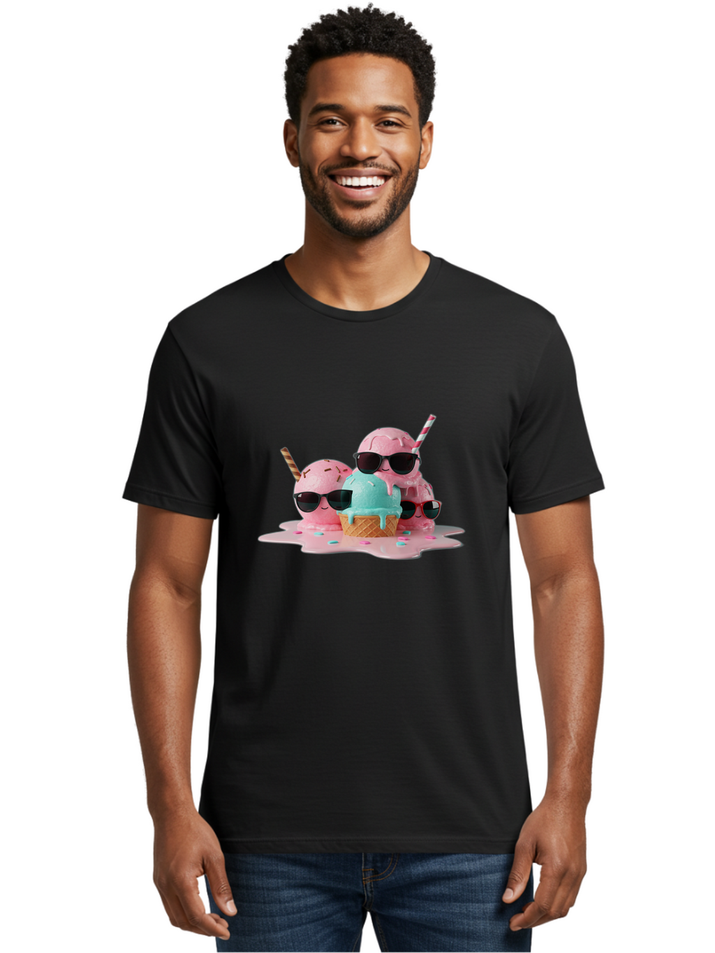 Cool-Ice-Cream Men'S Graphic Tee, 100% Cotton, Comfortable Casual Summer Wear, Machine Washable, Cool Ice Cream, Sunglasses, Pink Ice Cream, Melting Ice Cream, Blue Ice Cream, Sprinkles, Summer Treat, Sweet Dessert, Fun Snack, Cold Treat, Baa403
