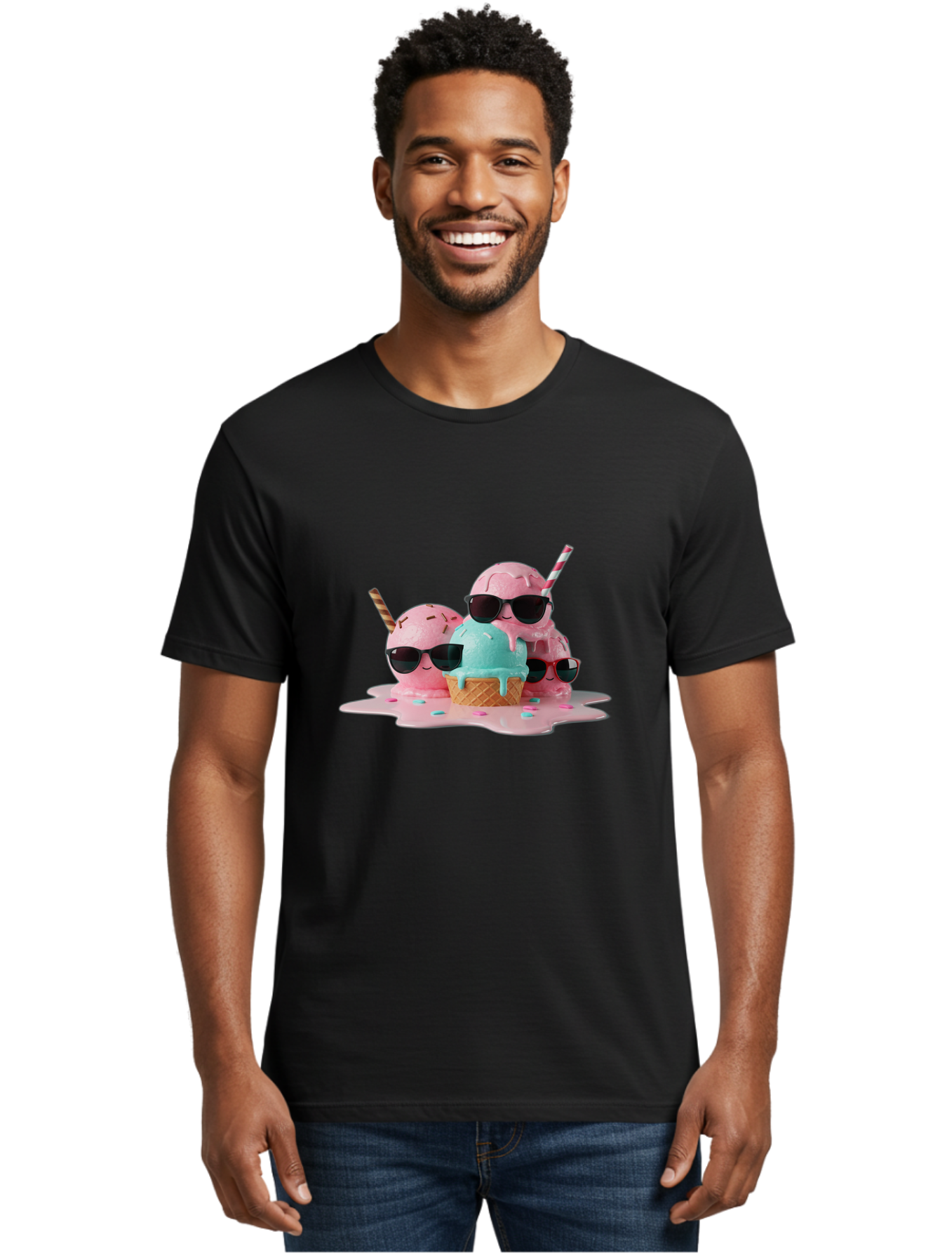Cool-Ice-Cream Men'S Graphic Tee, 100% Cotton, Comfortable Casual Summer Wear, Machine Washable, Cool Ice Cream, Sunglasses, Pink Ice Cream, Melting Ice Cream, Blue Ice Cream, Sprinkles, Summer Treat, Sweet Dessert, Fun Snack, Cold Treat, Baa403