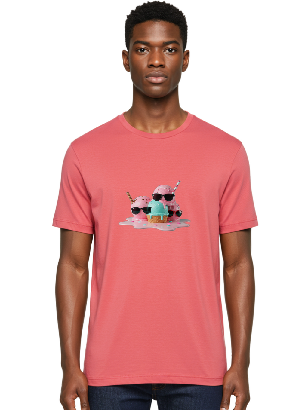Cool-Ice-Cream Men'S Graphic Tee, 100% Cotton, Comfortable Casual Summer Wear, Machine Washable, Cool Ice Cream, Sunglasses, Pink Ice Cream, Melting Ice Cream, Blue Ice Cream, Sprinkles, Summer Treat, Sweet Dessert, Fun Snack, Cold Treat, Baa403
