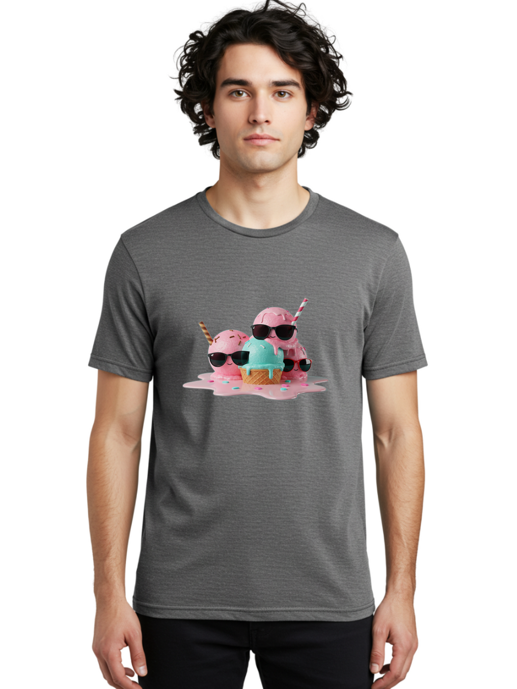 Cool-Ice-Cream Men'S Graphic Tee, 100% Cotton, Comfortable Casual Summer Wear, Machine Washable, Cool Ice Cream, Sunglasses, Pink Ice Cream, Melting Ice Cream, Blue Ice Cream, Sprinkles, Summer Treat, Sweet Dessert, Fun Snack, Cold Treat, Baa403