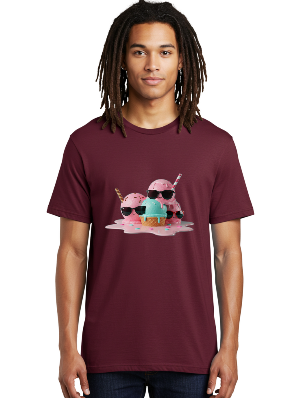 Cool-Ice-Cream Men'S Graphic Tee, 100% Cotton, Comfortable Casual Summer Wear, Machine Washable, Cool Ice Cream, Sunglasses, Pink Ice Cream, Melting Ice Cream, Blue Ice Cream, Sprinkles, Summer Treat, Sweet Dessert, Fun Snack, Cold Treat, Baa403