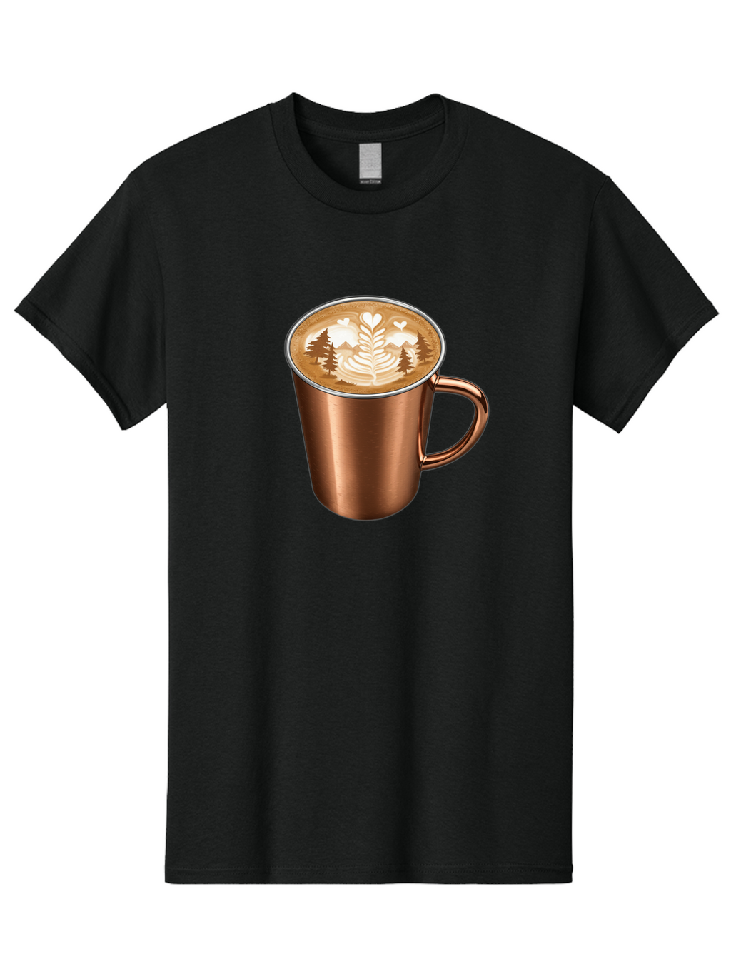 Copper-Coffee-Mug Men'S Graphic Tee, 100% Cotton, Comfortable Casual Summer Wear, Machine Washable, Latte Art, Coffee Drink, Copper Mug, Forest Design, Heart-Shaped Leaves, Coffee Culture, Specialty Coffee, Beverage, Morning Coffee Baa404