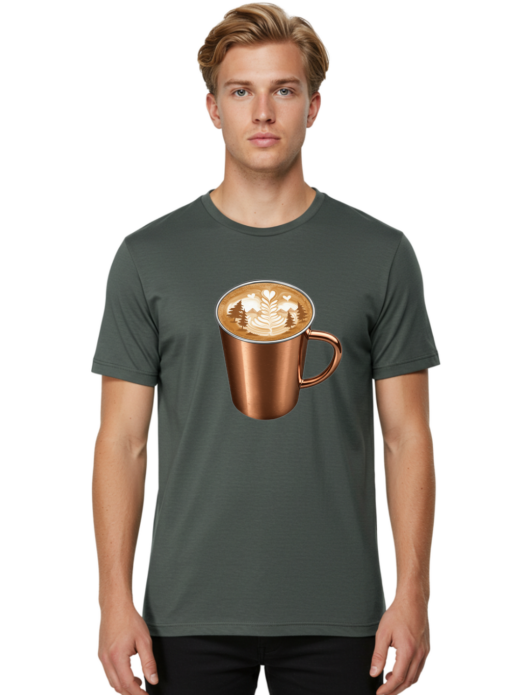 Copper-Coffee-Mug Men'S Graphic Tee, 100% Cotton, Comfortable Casual Summer Wear, Machine Washable, Latte Art, Coffee Drink, Copper Mug, Forest Design, Heart-Shaped Leaves, Coffee Culture, Specialty Coffee, Beverage, Morning Coffee Baa404