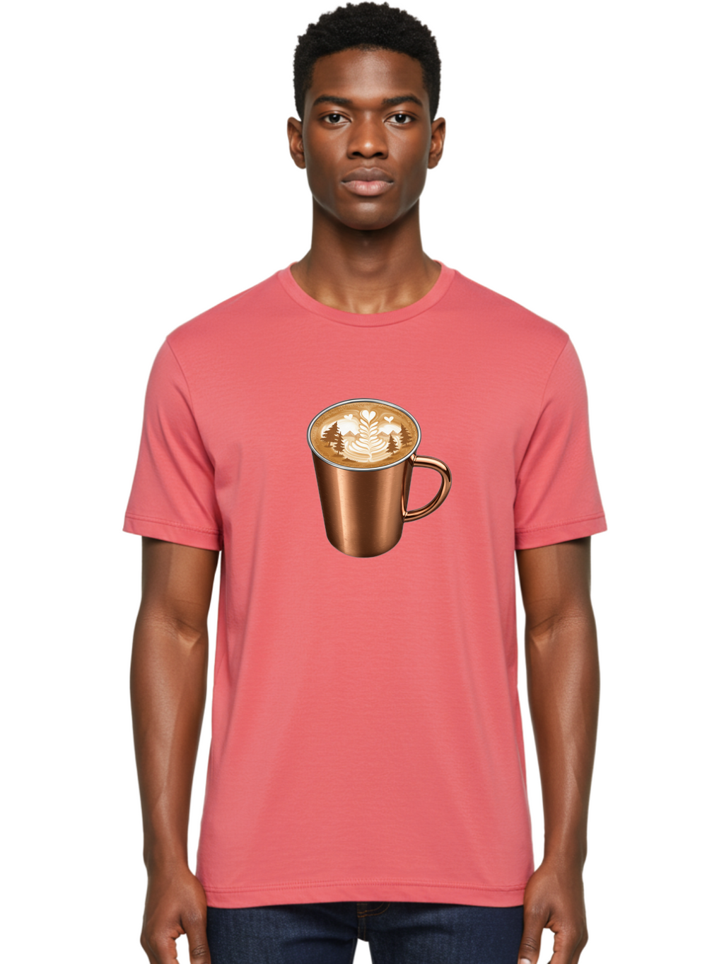 Copper-Coffee-Mug Men'S Graphic Tee, 100% Cotton, Comfortable Casual Summer Wear, Machine Washable, Latte Art, Coffee Drink, Copper Mug, Forest Design, Heart-Shaped Leaves, Coffee Culture, Specialty Coffee, Beverage, Morning Coffee Baa404