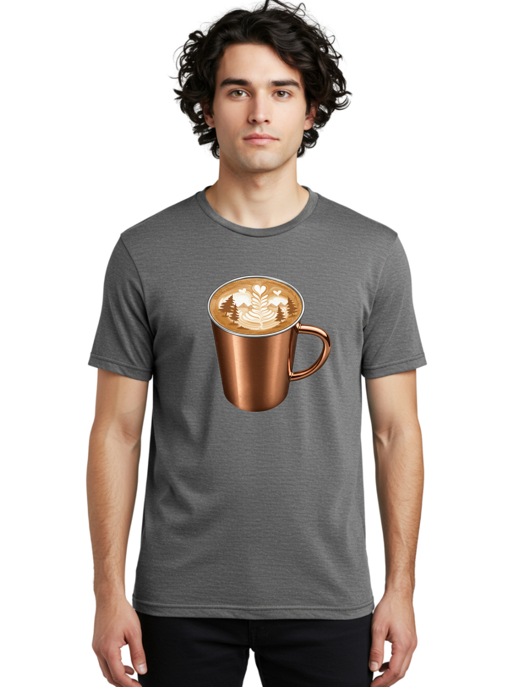Copper-Coffee-Mug Men'S Graphic Tee, 100% Cotton, Comfortable Casual Summer Wear, Machine Washable, Latte Art, Coffee Drink, Copper Mug, Forest Design, Heart-Shaped Leaves, Coffee Culture, Specialty Coffee, Beverage, Morning Coffee Baa404