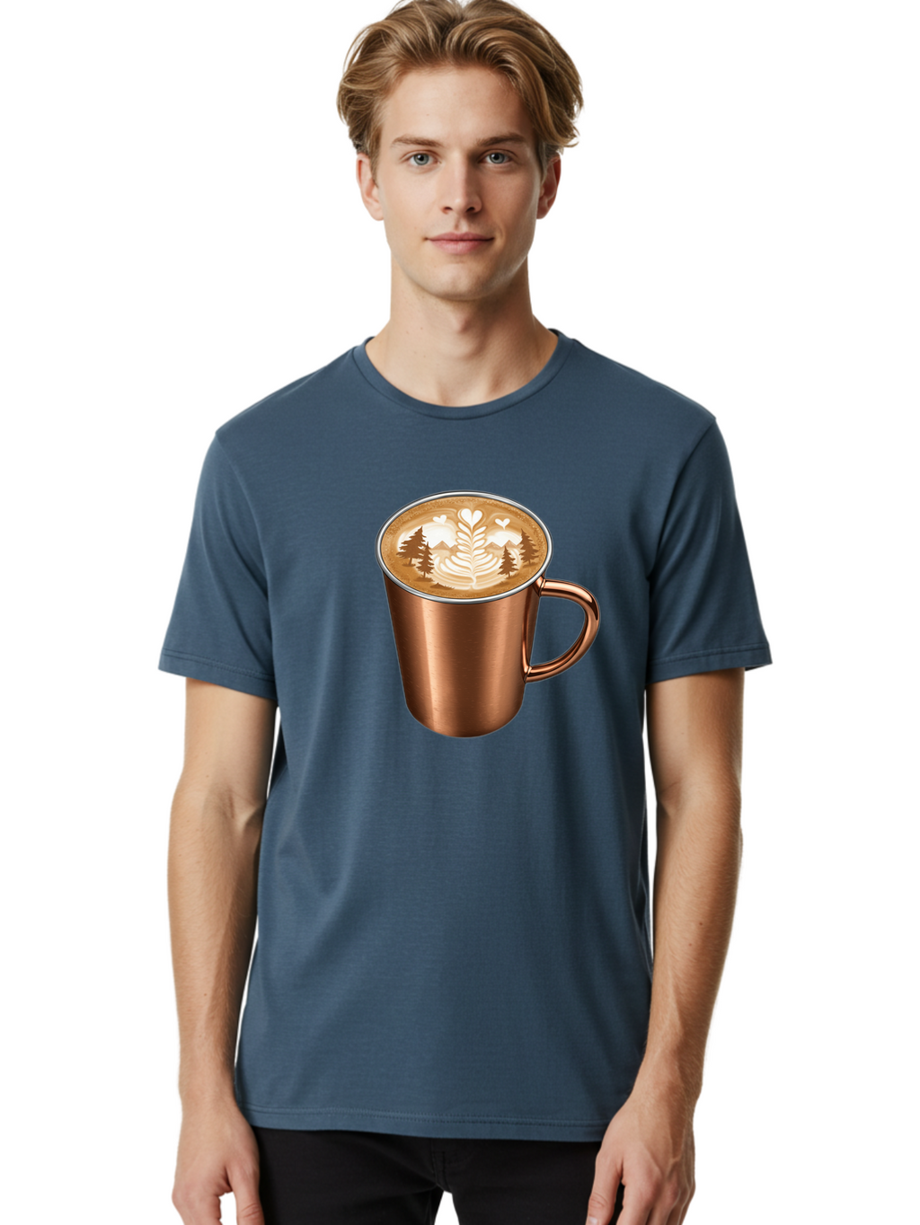 Copper-Coffee-Mug Men'S Graphic Tee, 100% Cotton, Comfortable Casual Summer Wear, Machine Washable, Latte Art, Coffee Drink, Copper Mug, Forest Design, Heart-Shaped Leaves, Coffee Culture, Specialty Coffee, Beverage, Morning Coffee Baa404