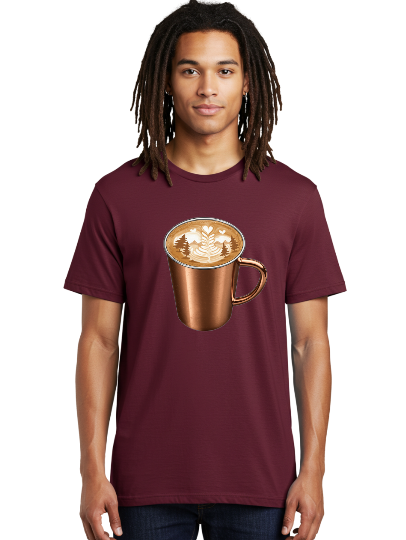 Copper-Coffee-Mug Men'S Graphic Tee, 100% Cotton, Comfortable Casual Summer Wear, Machine Washable, Latte Art, Coffee Drink, Copper Mug, Forest Design, Heart-Shaped Leaves, Coffee Culture, Specialty Coffee, Beverage, Morning Coffee Baa404