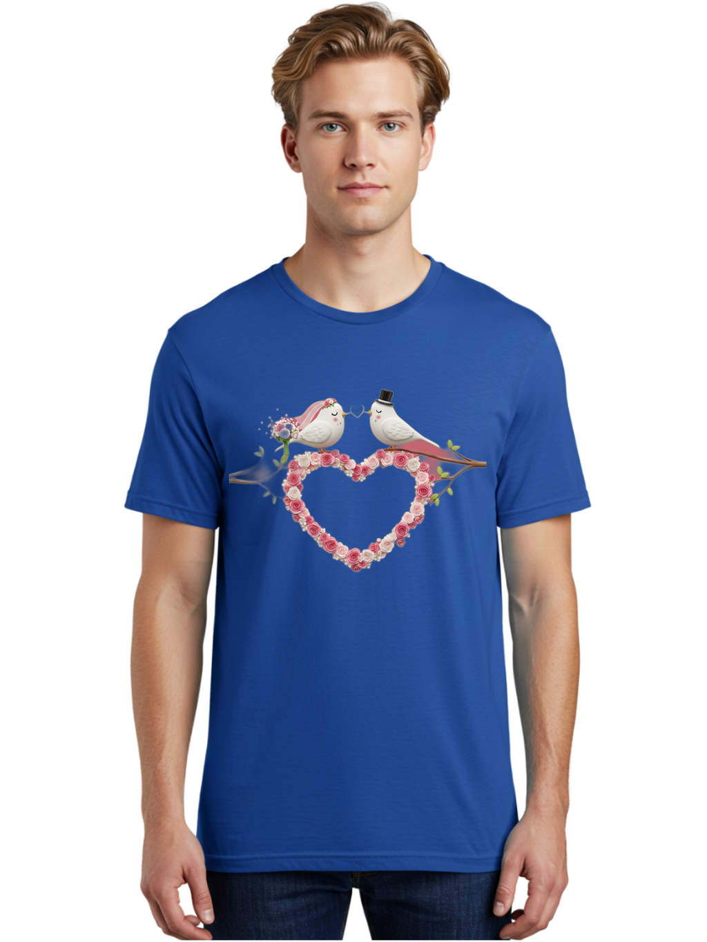 Couple-Birds-Heart Men'S Graphic Tee, 100% Cotton, Comfortable Casual Summer Wear, Machine Washable, Love Birds, Wedding Theme, Heart-Shaped Floral Arrangement, Romantic Couple, Bride And Groom Birds, Floral Heart, Love Symbol, Baa405
