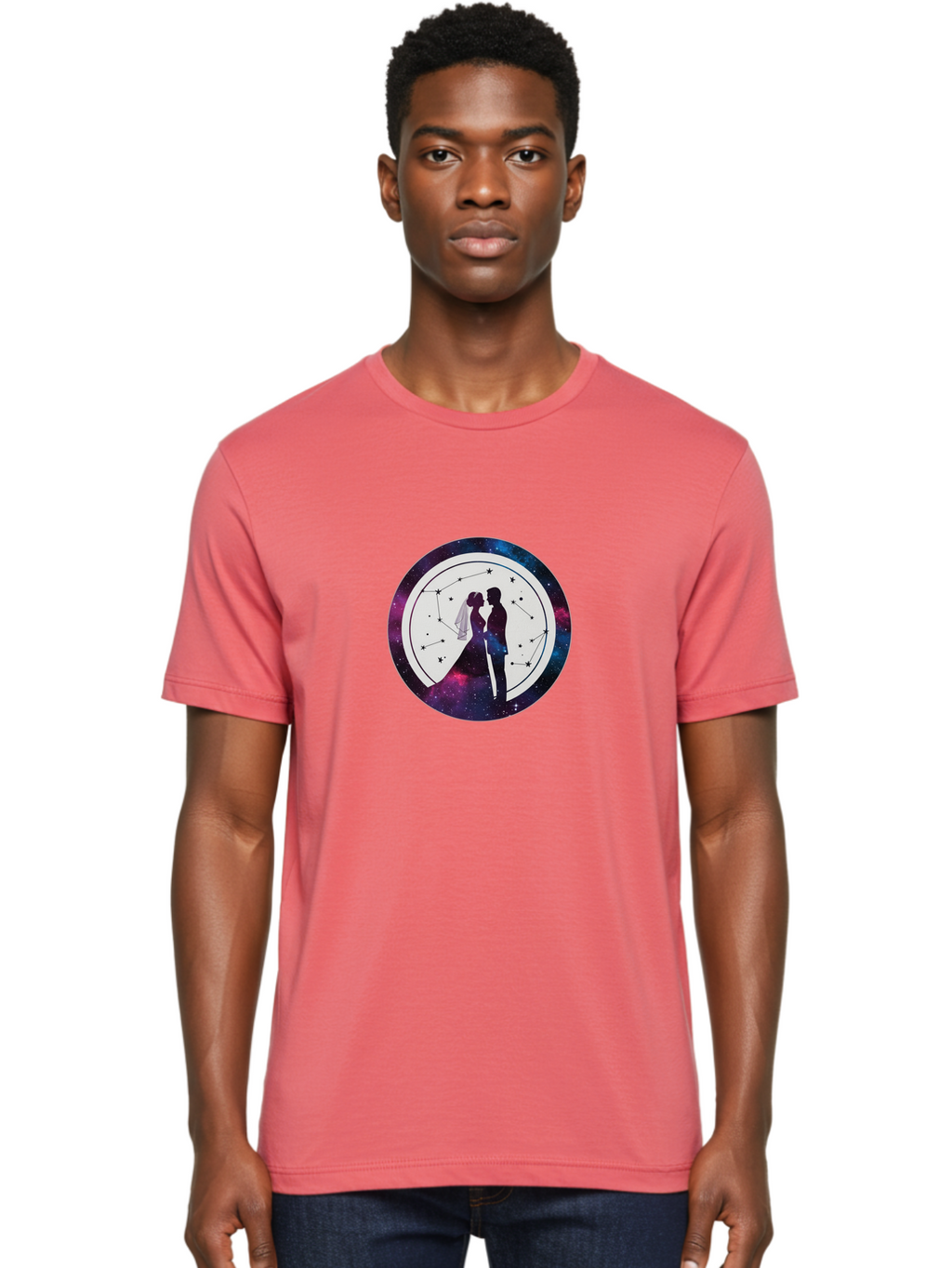 Couple-Silhouette-2 Men'S Graphic Tee, 100% Cotton, Comfortable Casual Summer Wear, Machine Washable, Couple Silhouette, Starry Night Sky, Constellation Pattern, Galaxy Background, Romance, Love, Wedding, Astrology, Celestial Theme, Baa407